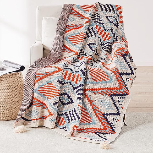LumiSyne Knitted Throw Blanket Vintage Tassel Bohemian Ethnic Style Geometric Pattern Cozy Armchair Cover Warm Throws For Sofa Couch Bed Shawl Blanket 170x130cm