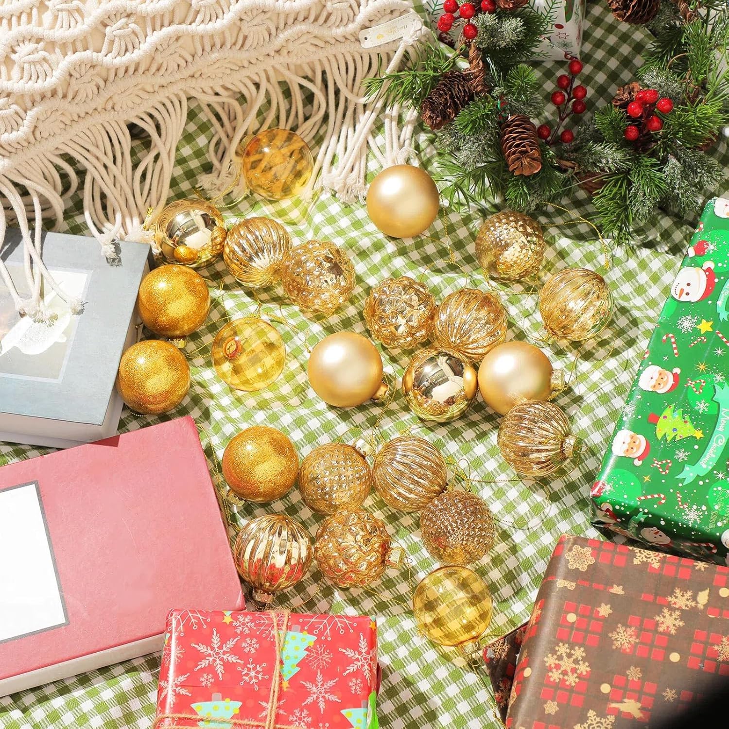 Liliful 24 Pcs Light Gold Glass Christmas Ball Ornaments Christmas Tree Decoration Hanging Balls Neutral Vintage Mercury Ornaments for Xmas Festival Home Wedding Holiday Farmhouse Decor, 2.36 Inch
