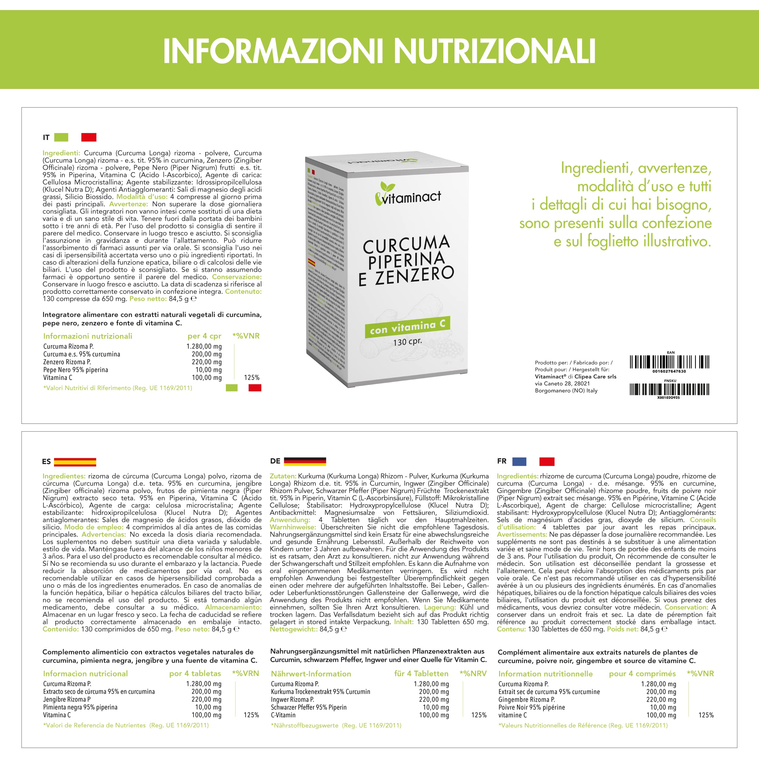 Curcuma Piperina Plus Zenzero Vitamina C-130 cpr-Altissimo Dosaggio Naturale Di Estratto Curcuma 1280,00Mg-Curcumina 200,00Mg-Piperina 10,00Mg-Potente e Veloce Brucia Grassi-Antinfiammatorio