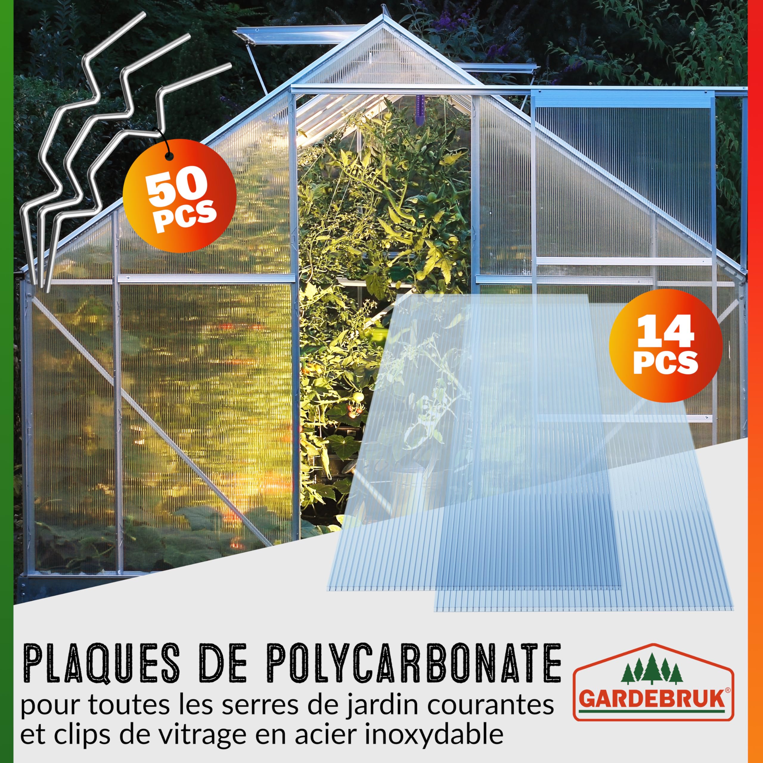 GARDEBRUK 10 Plaques Polycarbonate Alvéolaire 6 Mm 121 X 60,5 Cm - 7,3 M² Double Paroi UV Serre Jardin, Abri, Carport