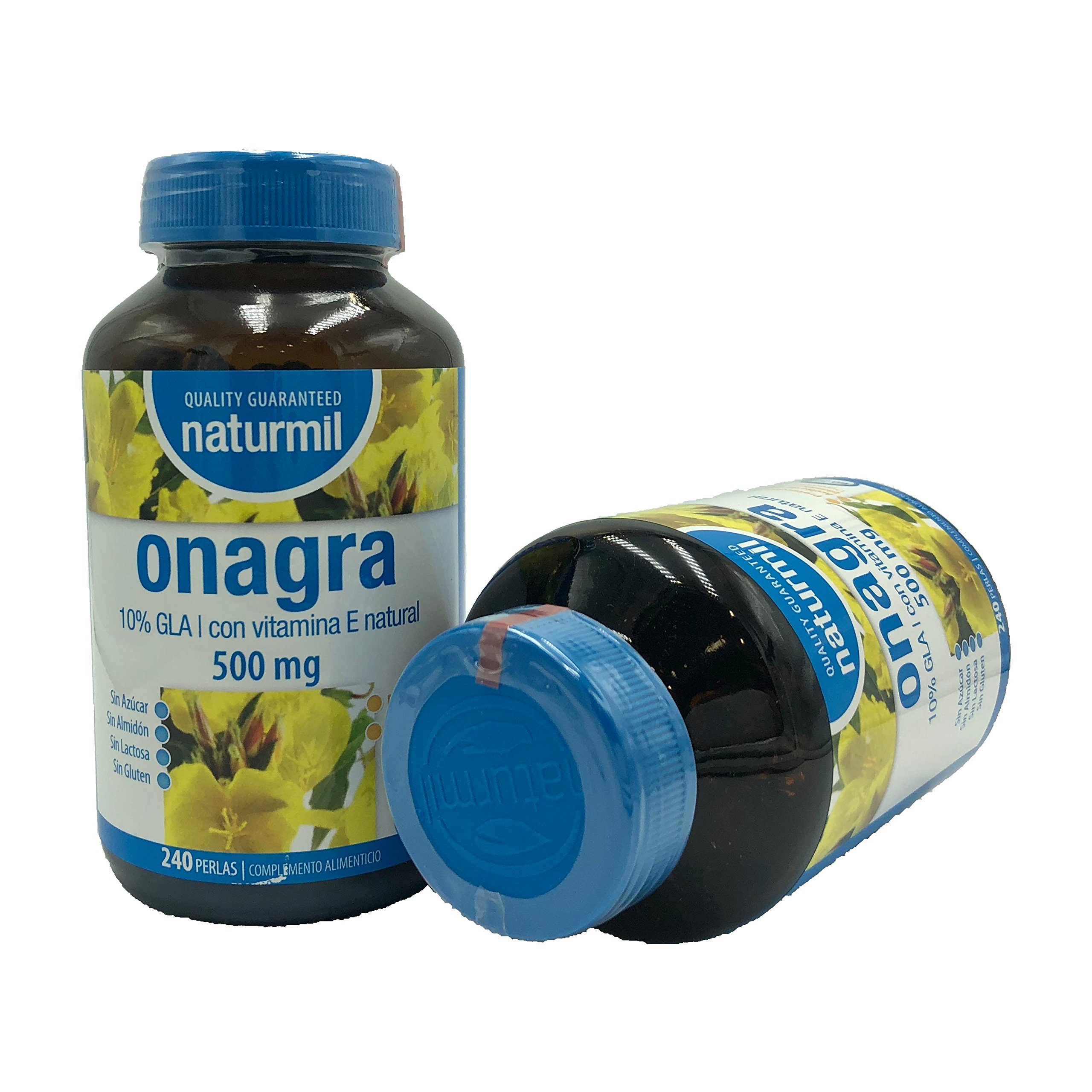 NATURMIL Aceite de Onagra 500mg con Vitamina E - 240 Perlas, Apoyo Hormonal y Piel, Sin Gluten