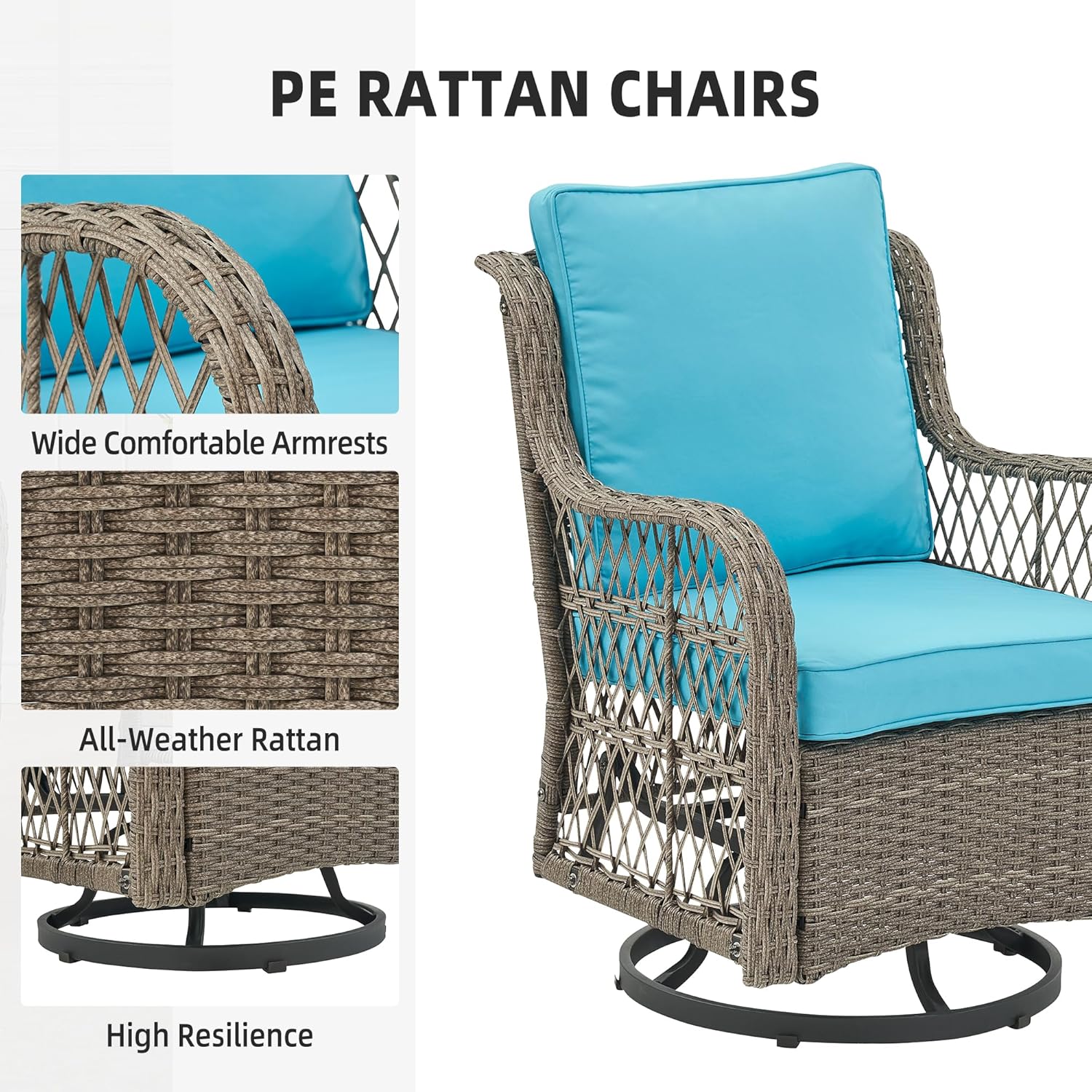 PeakPursuit 3 Piece Swivel Rocking Chairs & Table with Thick Cushions,Outdoor Patio Furniture Set, All-Weather PE Wicker Conversation Set for Porch, Deck,Gray&Light Blue