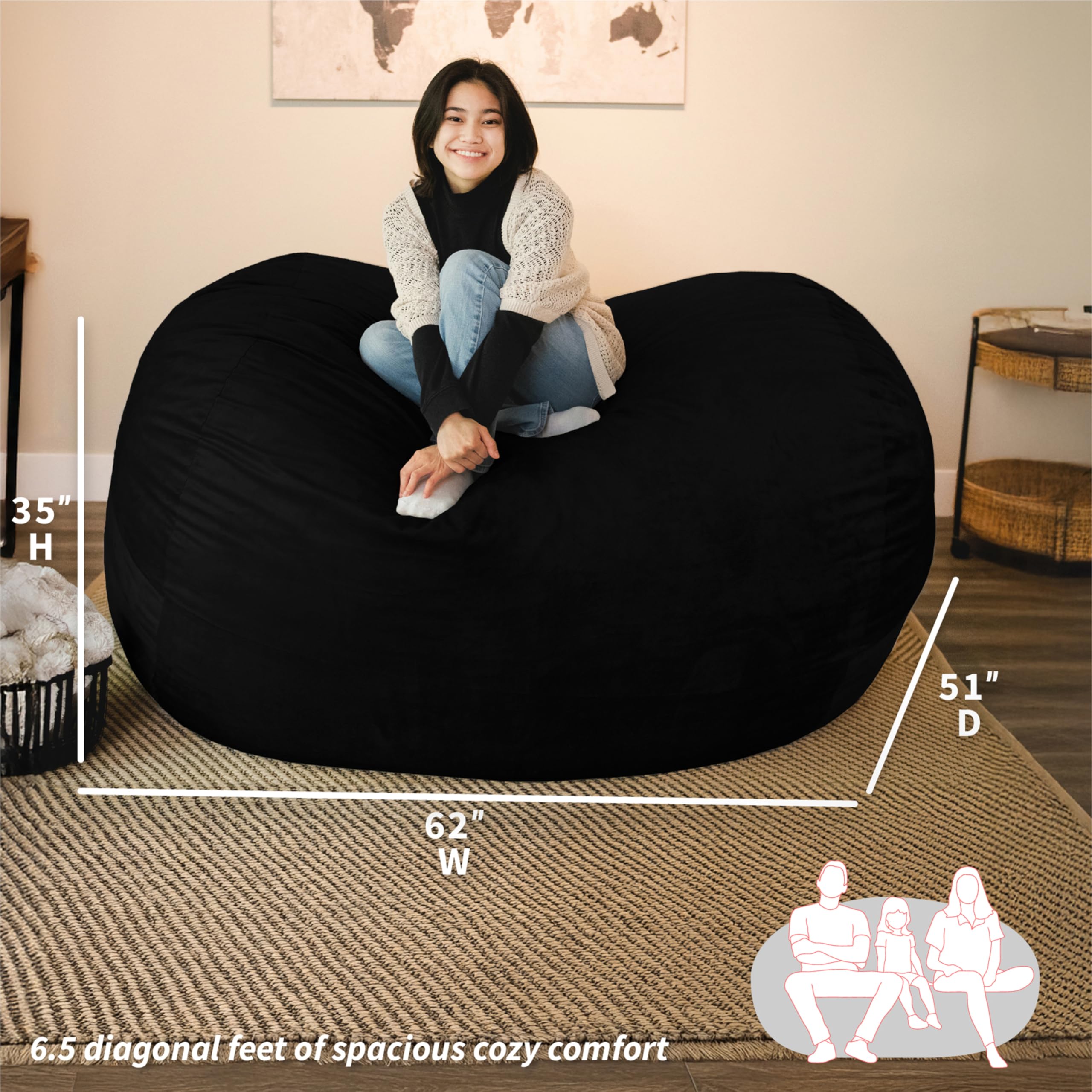 Big Joe Fuf Large Bean Bag Chair Replacement Cover Only - Machine Washable Plush Cover (Black)