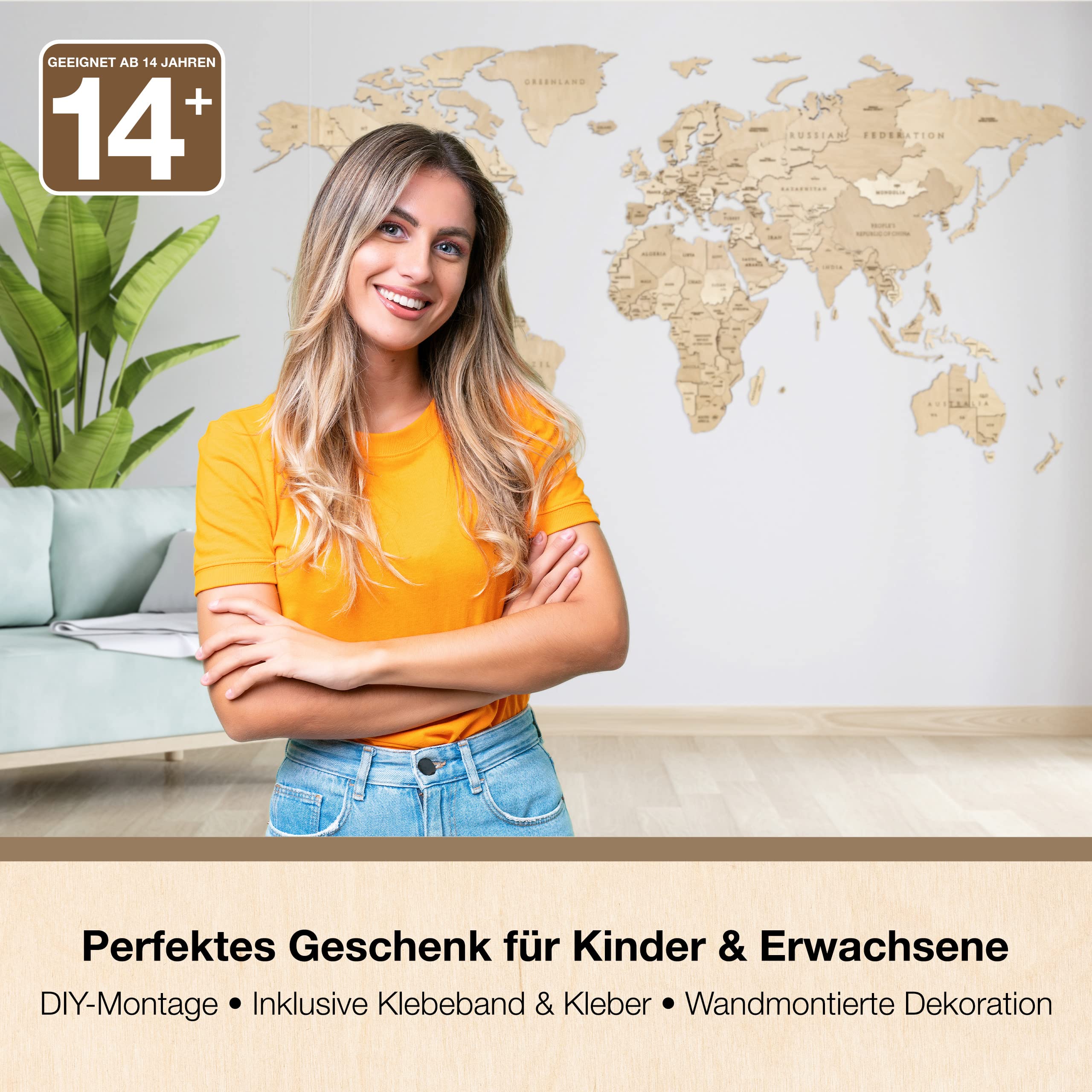 EWA Eco-Wood-Art Weltkarte Kinderzimmer – DIY 3-lagiges Puzzle Wanddekoration Schlafzimmer – Holz für Erwachsene & Jugendliche ab 14 Jahren – Medium, 126 Teile – Choco World