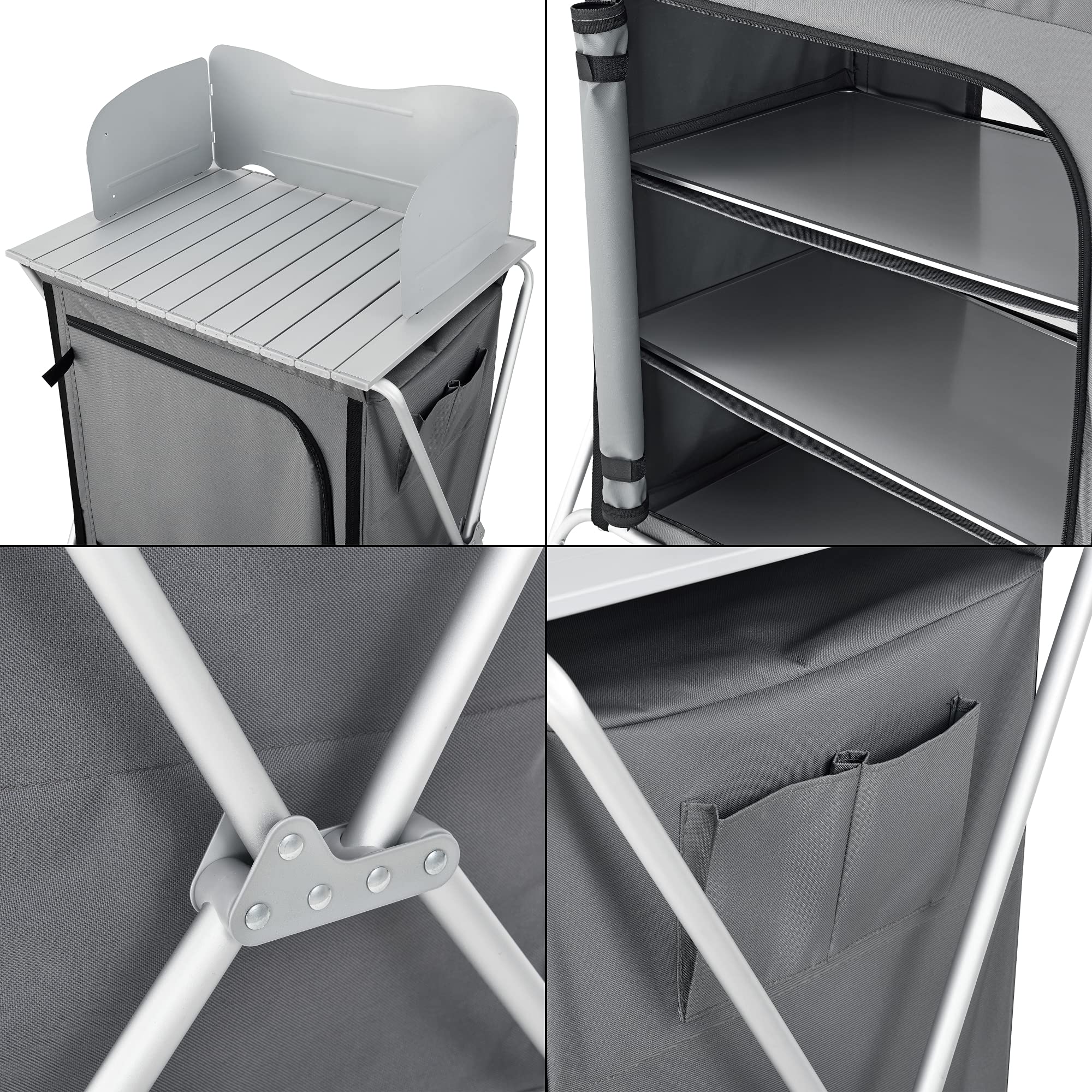 Mobile Portatile da Campeggio Credenza Cucina Pieghevole con Ripiani e Borsa di Trasporto Telaio in Alluminio 110x70x52 cm Grigio Scuro