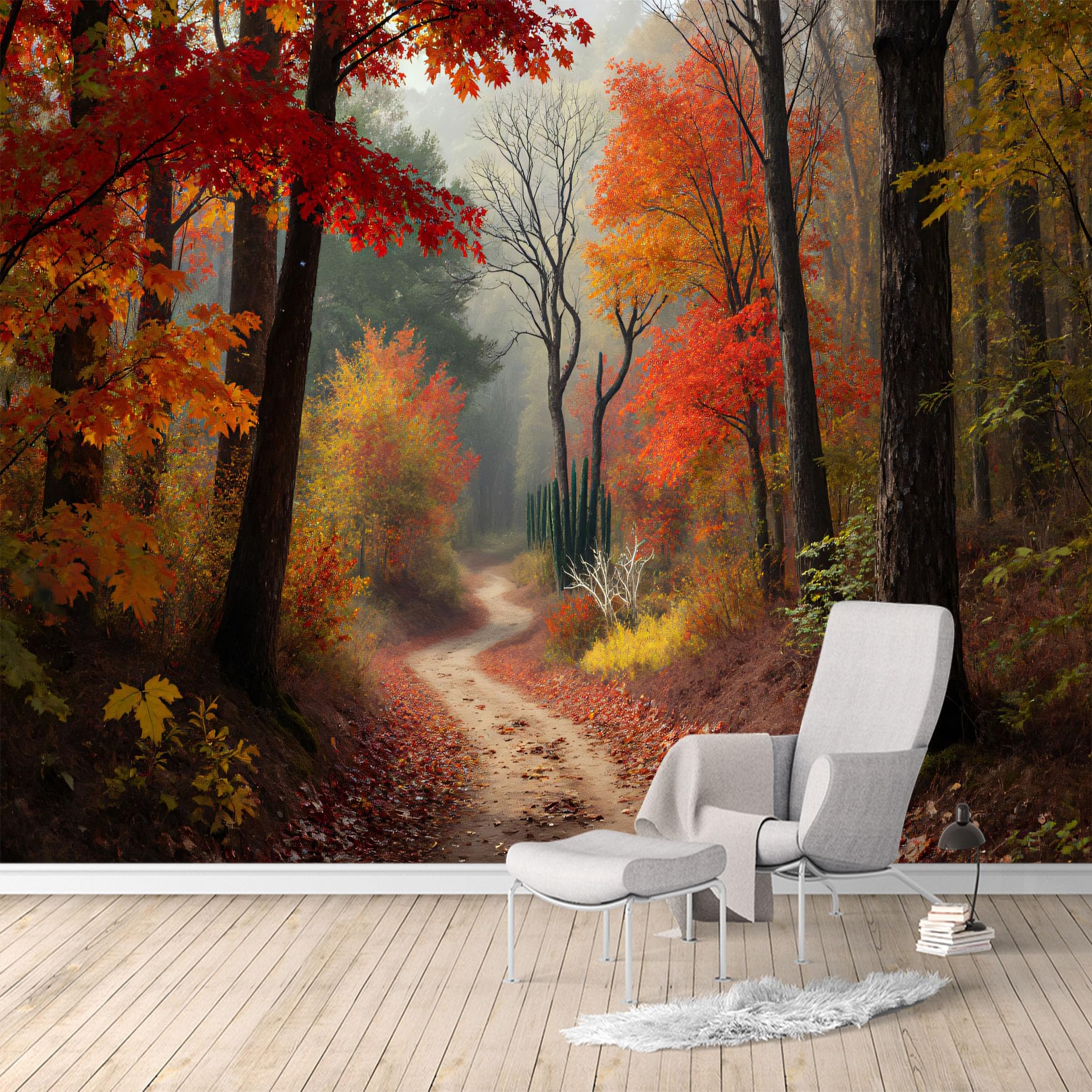 Custom Size Wall Murals, Autumn Forest Path Red Maple Trees Misty Woodland Scenery, Removable Self Adhesive Large Wallpaper Mural for Living Room Bedroom Office Home Decor