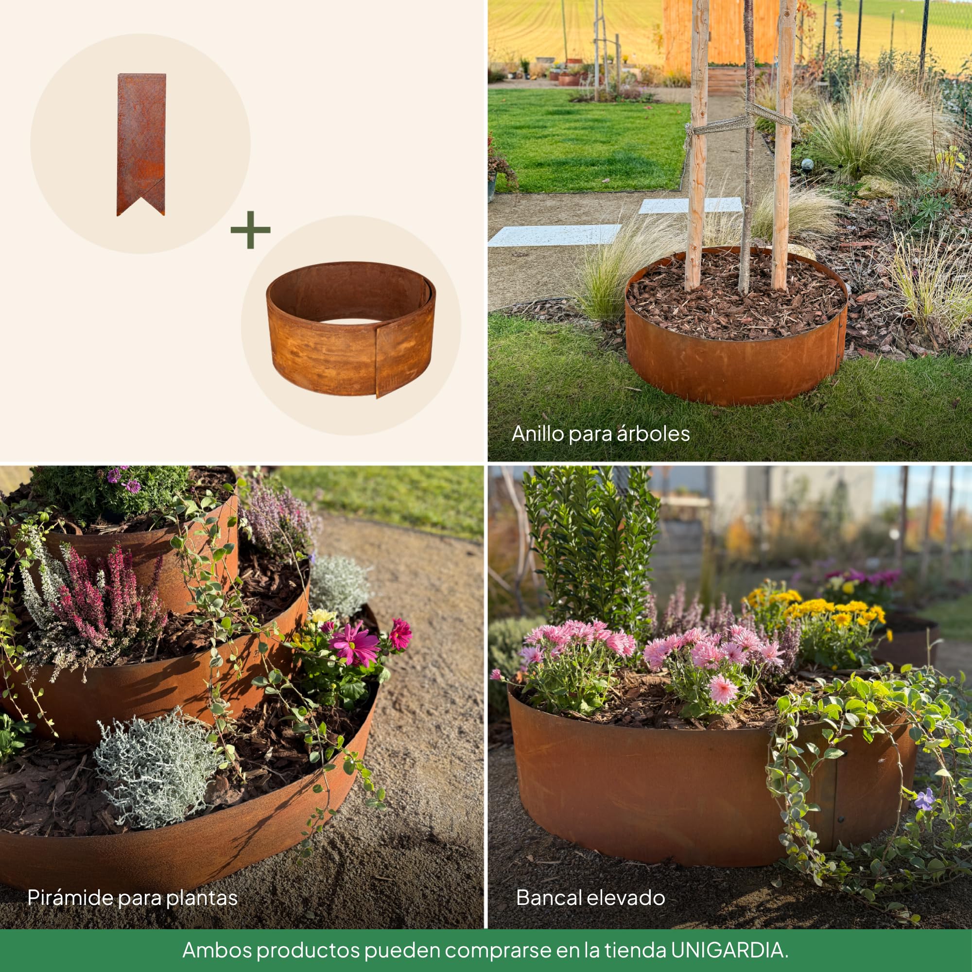 UNIGARDIA Juego de 4 Conectores de Acero Corten para Bordes de Jardín, Altura 20 cm - Elemento de Unión para Borduras de Césped - Grosor 1 mm