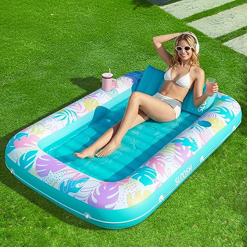 Miniatura 17 de Flotador inflable para piscina de bronceado Sloosh, 70" x 46" flotadores de piscina para adultos con almohada, balsa de tina de bronceado de 4 en 1
