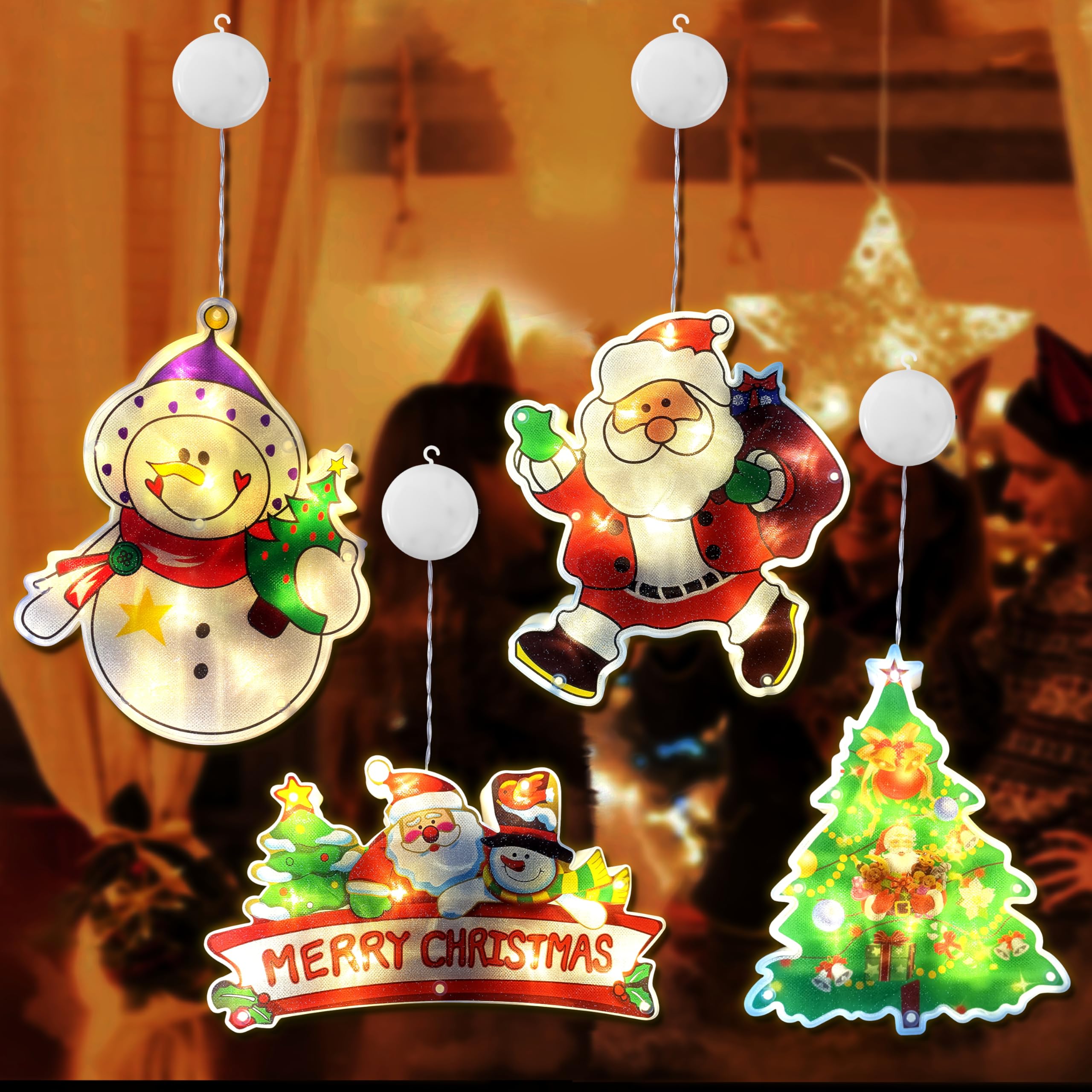 Ventana Colgantes de Luces Navidad 4 Piezas Luz LED para Ventana con Ventosa Lámpara de Ventosa de Navidad para Fiestas Navideñas Funciona con Pilas (Sin Batería)