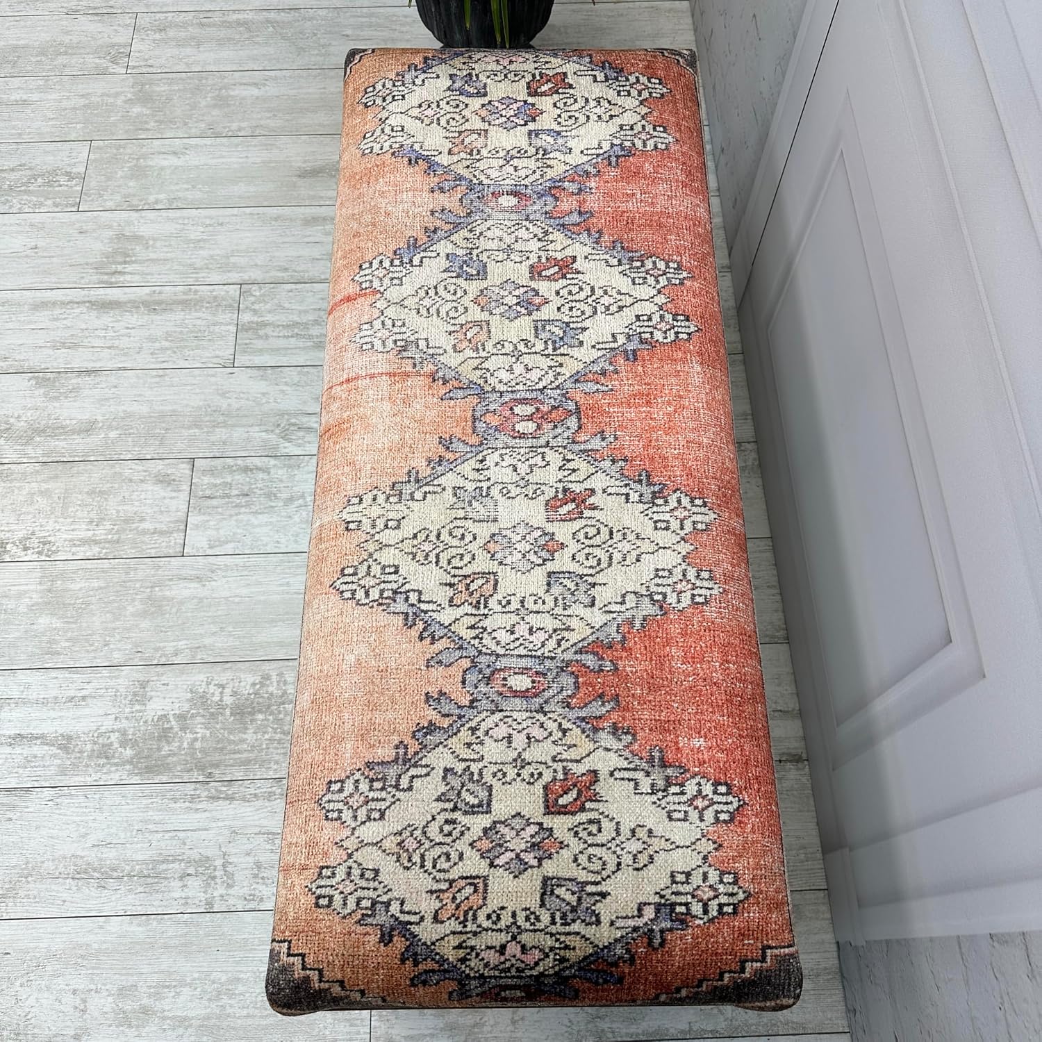 Ottoman Bench with Rug Upholstered Handmade Wood Work for Boho Farmhouse Kitchen Dining Room Entryway Footstool Livingroom Bedroom, Piano Bench, Coffee Bench (Era-62, 18x18x48)