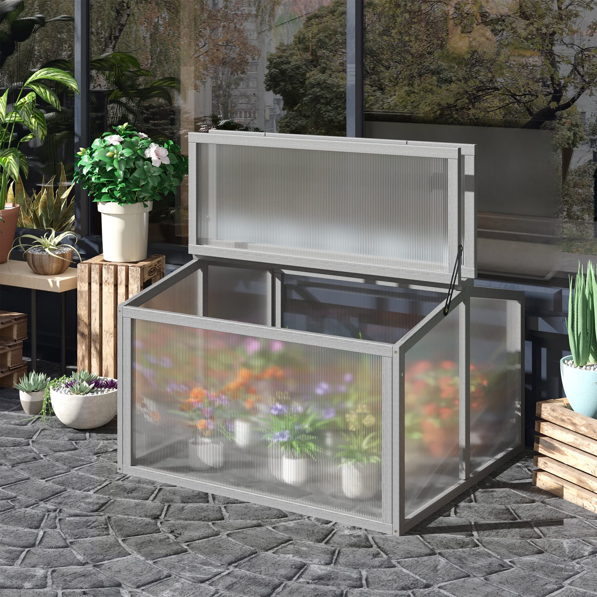 Outsunny Frühbeet Treibhaus Gewächshaus Frühbeetkasten Pflanzenbeet mit Abdeckung aus Holz und Polycarbonat wetterfest Hellgrau 90 x 80 x 58 cm