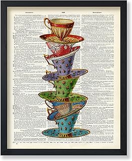 Poster Master Dictionary Art Poster - Stacked Teacups Print - Victorian Tea-Cup Art - Gift for Him, Her, Men, Women - Perfect Decor for Dining Room, Kitchen, Teahouse - 8x10 UNFRAMED Wall Art