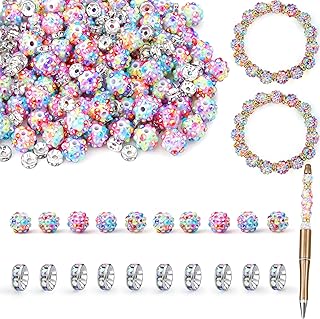 LAIDANLA 250pcs 12mm Colorful Rhinestone Beads and 8mm Rondelle Spacer Beads for Beadable Pens, Sparkly Shamballa Disco Ball Bead for Jewelry Making Bracelet Necklace Earring DIY Craft