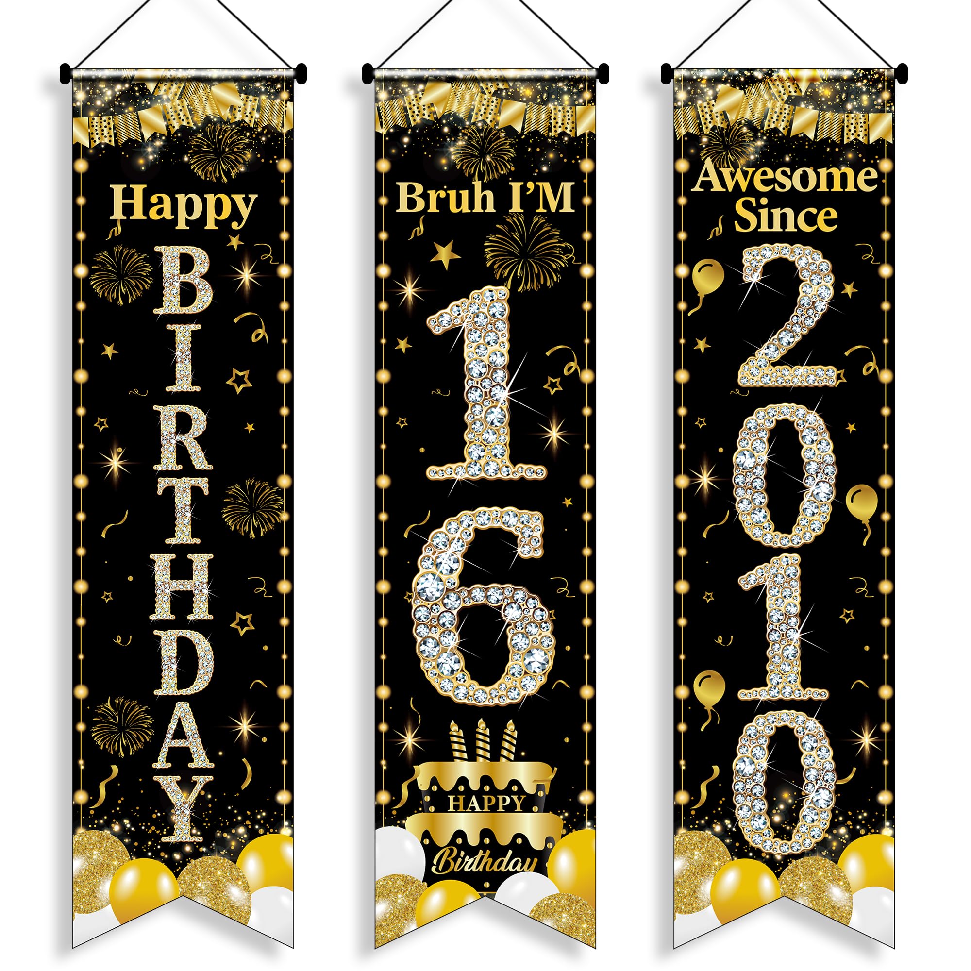 16th Birthday Decorations Door Banners - 3 Pcs Black and Gold Boy Awesome Since 2010 Happy Birthday Bruh I'M 16 3.9x0.9ft Door Porch Sign for 16 Years Old Boys Party Backdrop Decor Supplies