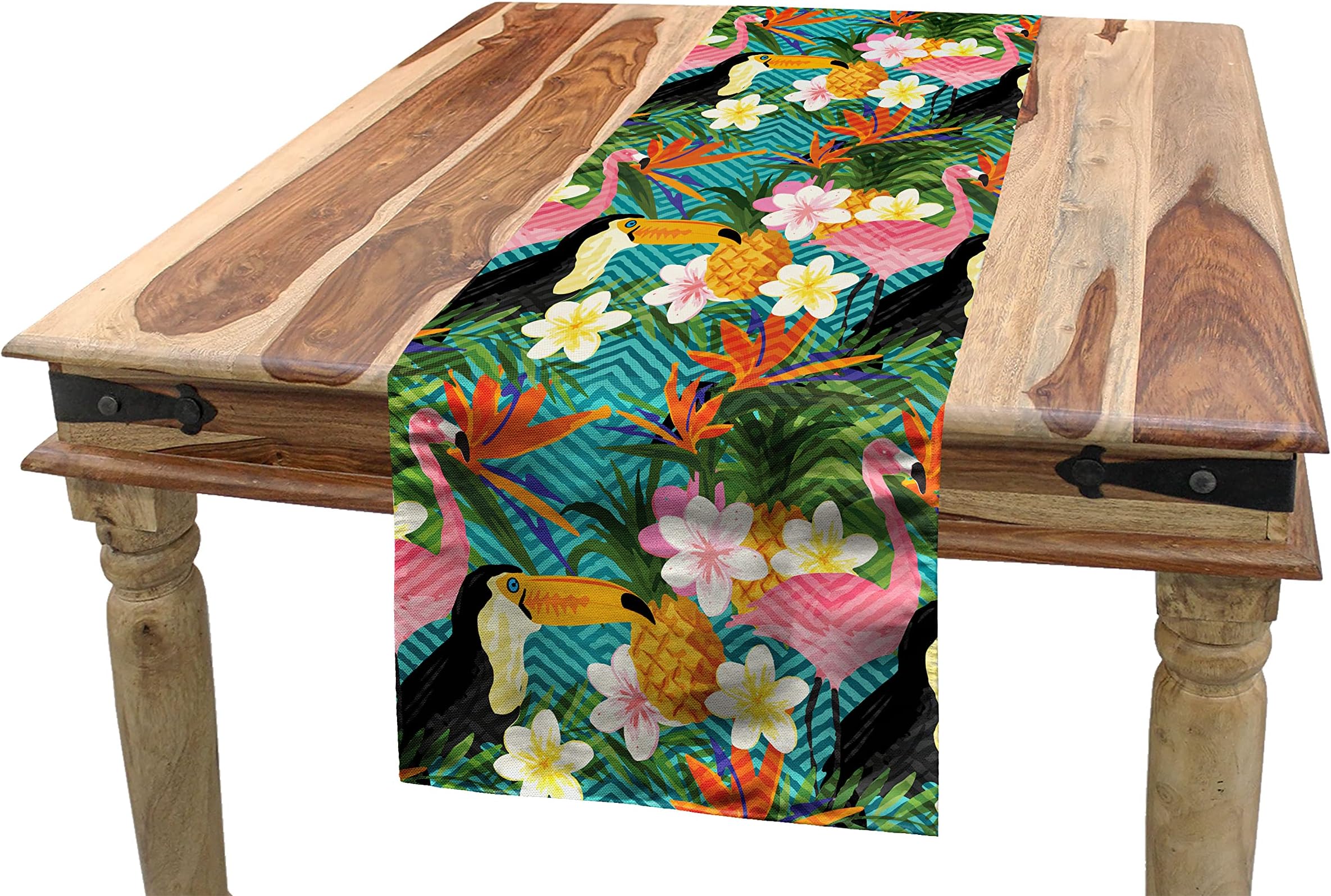 Lunarable Tropical Table Runner, Watercolor Toucan Parrot Flamingo Pineapples and Wildflowers on Rhombus Background, Rectangle Scarf for Dining Room Kitchen Table Setting Decor, 12" x 90", Apple Green