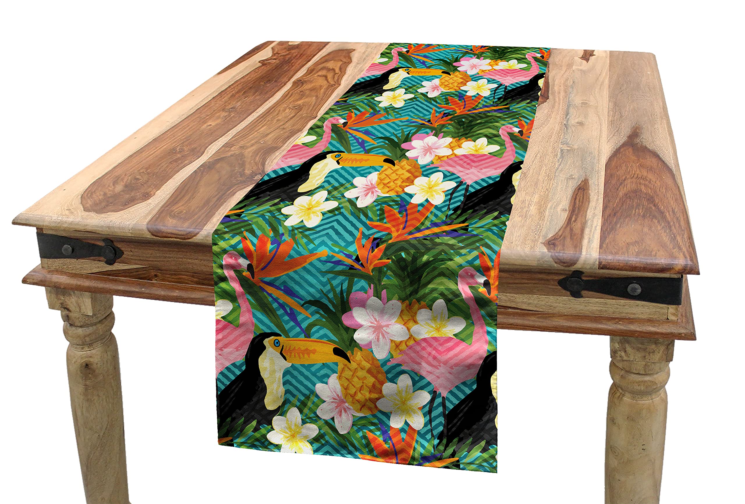 Lunarable Tropical Table Runner, Watercolor Toucan Parrot Flamingo Pineapples and Wildflowers on Rhombus Background, Rectangle Scarf for Dining Room Kitchen Table Setting Decor, 12" x 90", Apple Green