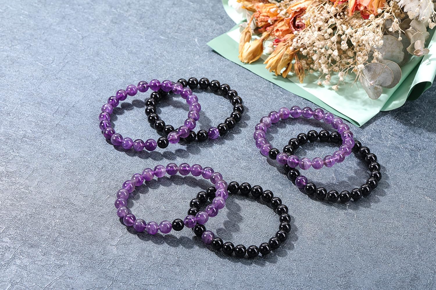 Jovivi 2pcs 8mm Black Obsidian & Amethyst Healing Crystal Stone Stretch Bracelets Handmade Natural Round Gemstone Beaded Energy Beads Chakra Bracelet for Women Men Couples Distance Gifts - Image 5