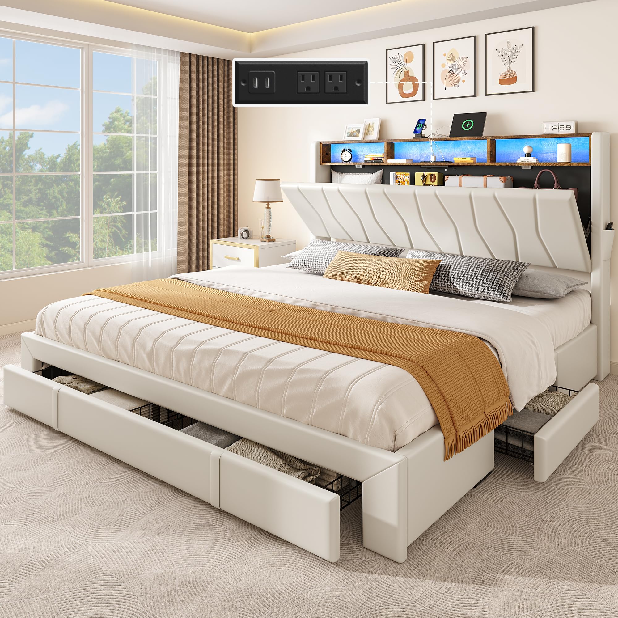 YITAHOME Queen Size Bed Frame, Storage Bed Frame with 4 Drawers & LED Light, Platform Bed with Storage Upholstered Headboard and Charging Station, No Box Spring Needed, Easy Assembly, Beige