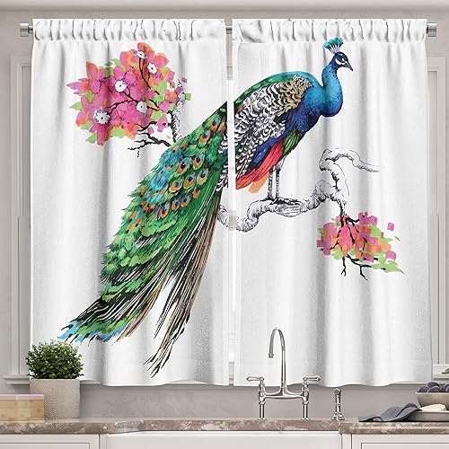 Miniatura 9 de Lunarable Cortinas de cocina de pavo real, pájaro abstracto, exquisita cola, pavo Cristatus indígena, juego de 2 paneles para decoración de cocina