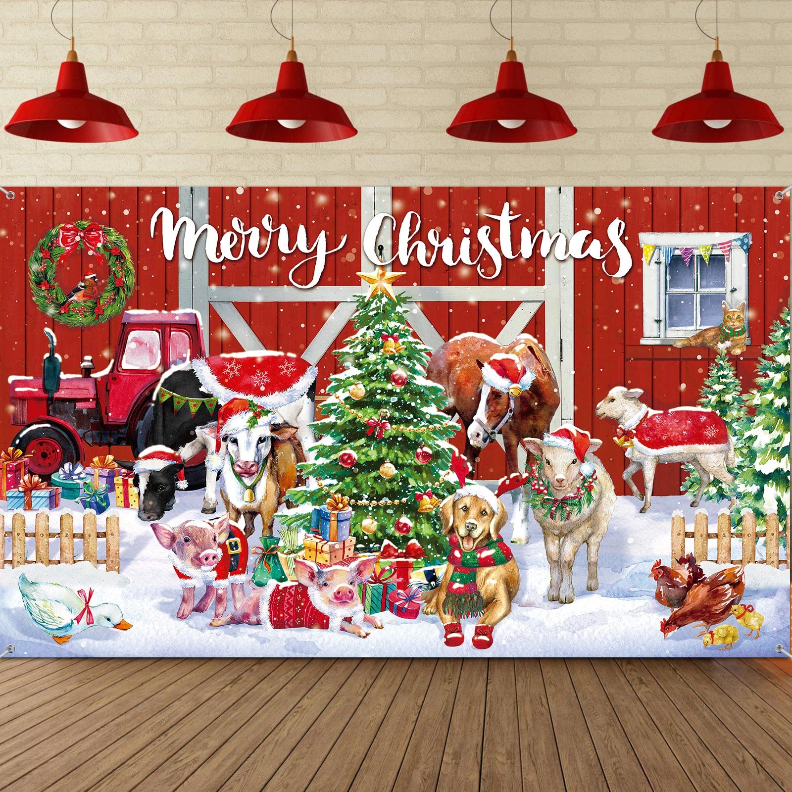 Photo 1 of 2 Christmas Backdrop Banner Merry Christmas Barn Door Photography Background Xmas Animals Background Decoration for Xmas Winter Holiday Party Photo Booth Decor Supplies, 72.8 x 43.3 Inch (Animal Style)