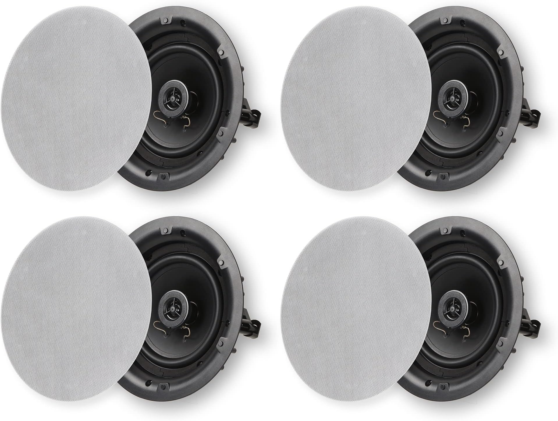 Micca 6.5" 2-Way in Ceiling or Wall Round Speakers, 4 Pack, 6.5 Inch Woofer, 8" Cutout Diameter, Low Profile Rimless Design, for Indoor Rooms or Covered Outdoor Porches, White, Paintable