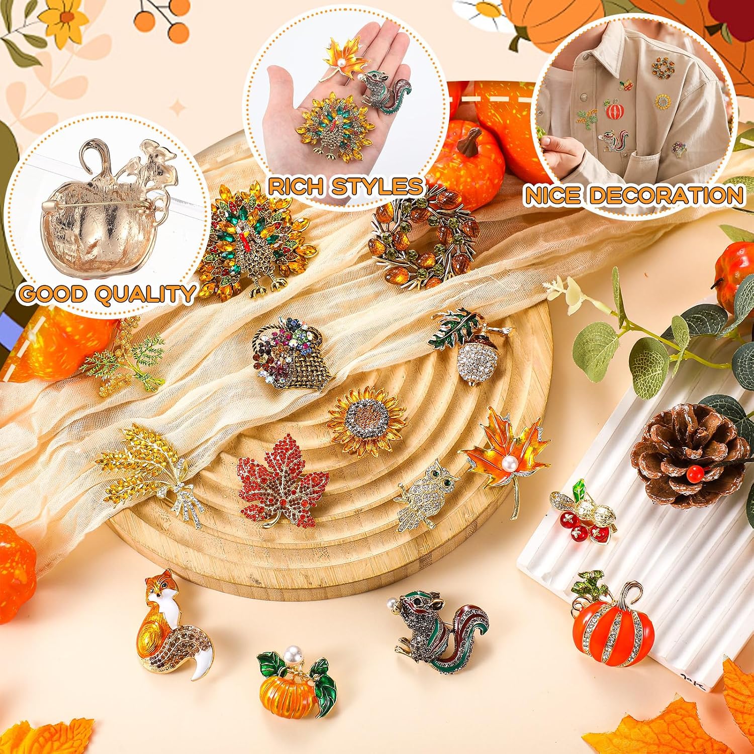 Janinka 15 Pcs Thanksgiving Brooches for Women Thanksgiving Pins for Backpack Turkey Maple Leaf Brooches Rhinestone Fall Pumpkin Pins for Clothes Jewelry Hat Jacket Decoration