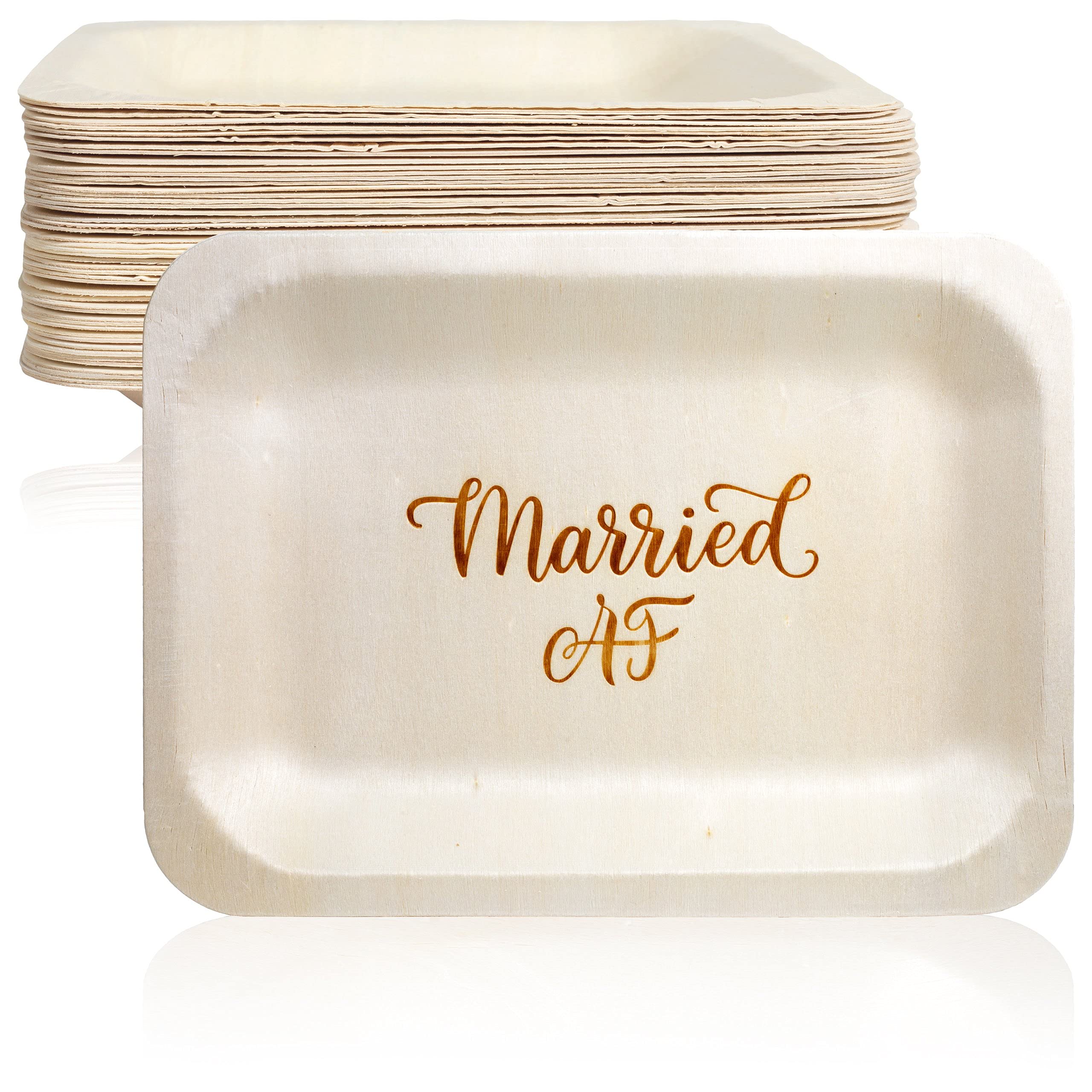 Married AF Disposable Wedding Plates – Rustic, Compostable Alternative to Plastic Plates for Wedding Receptions, Engagement Parties, and Rehearsal Dinners (Salad/Dessert, 50-Pack)