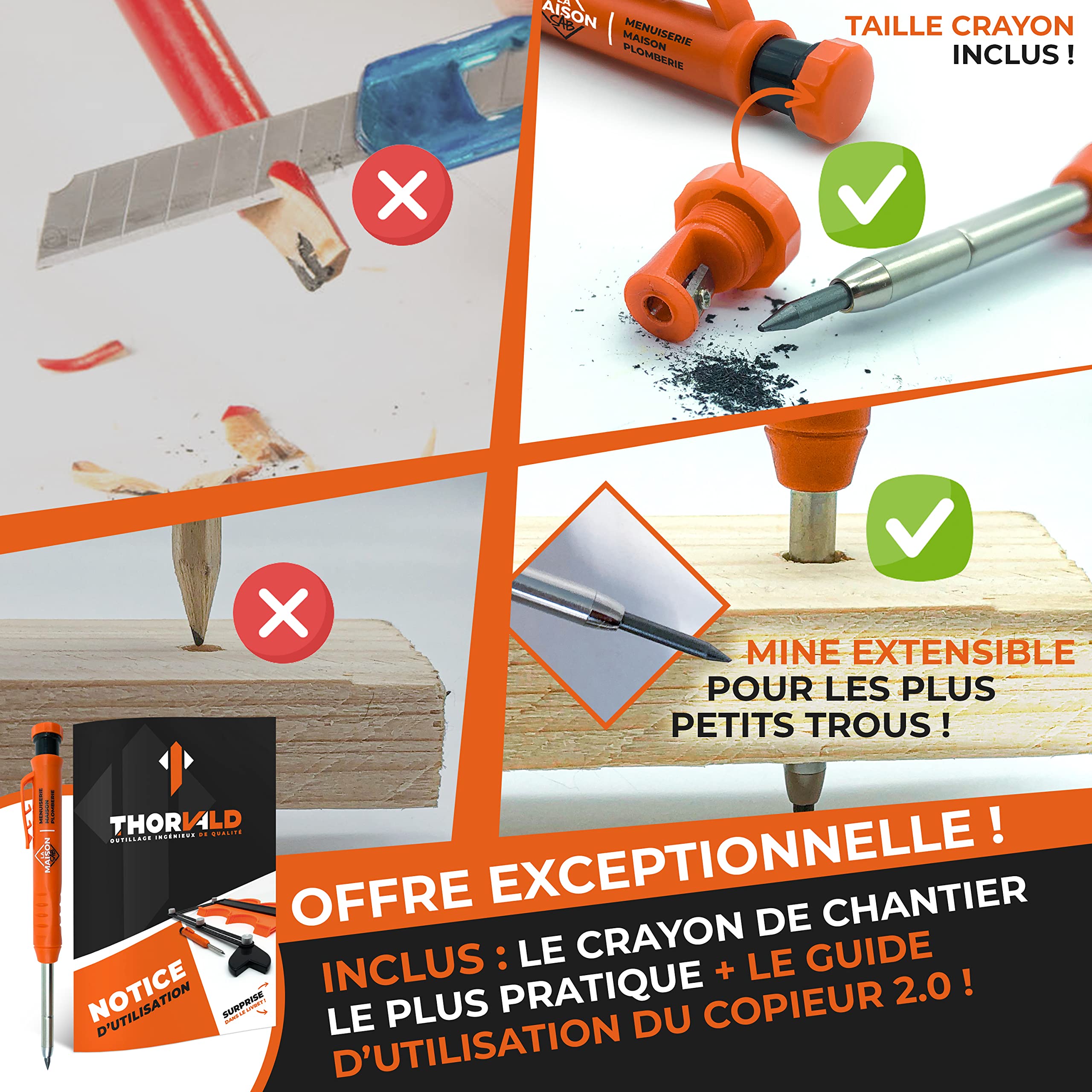 THORVALD Jauge de Contour Automatique 25cm Verrouillable - CRAYON CHANTIER et NOTICE FR - Copieur de Contour pour traçage gabarit de decoupe carrelage et parquet