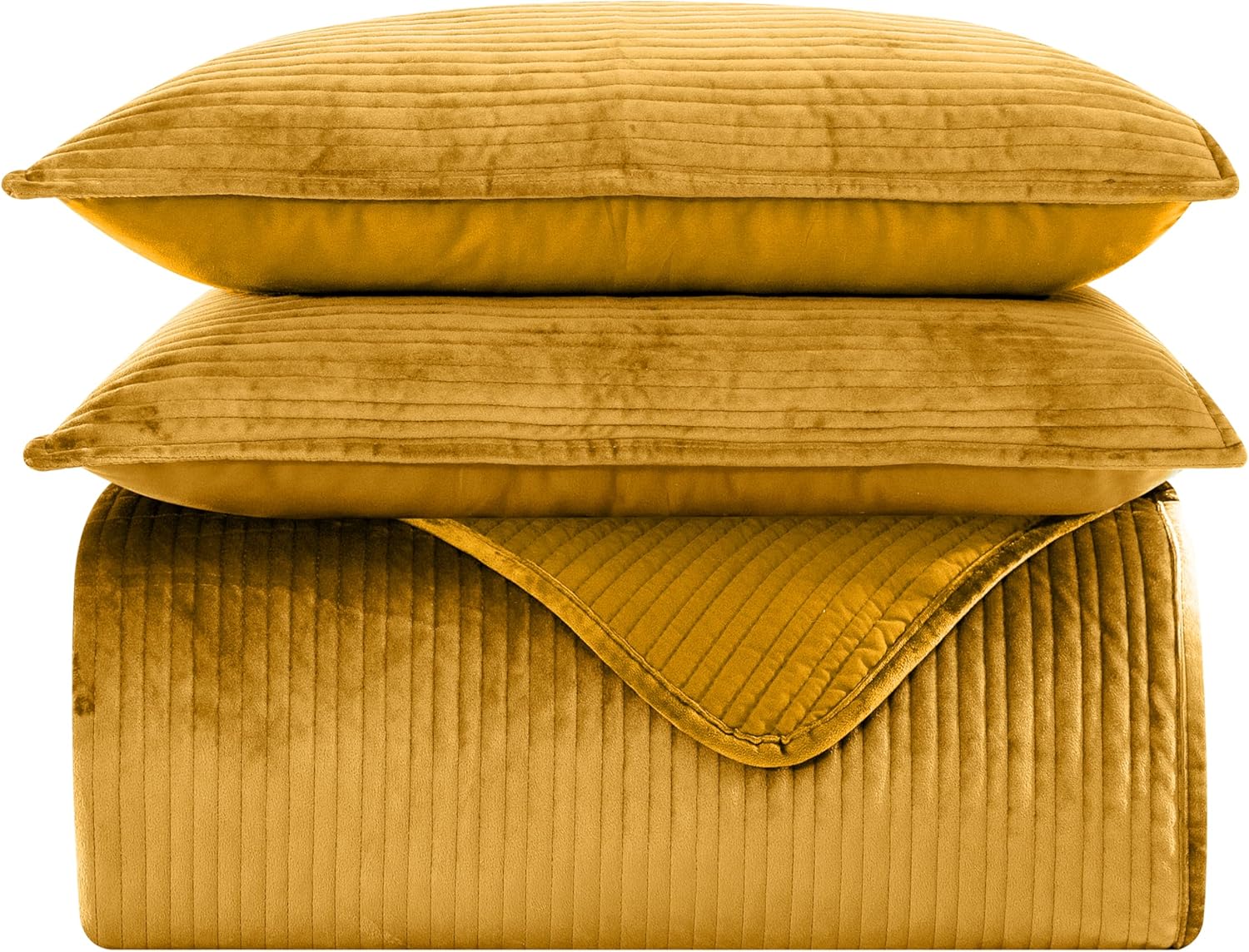 Elegant Comfort Luxury 3-Piece Velvet Corduroy Stripe Quilt Set, Ultra Soft Bedspread - Cozy Velvet Coverlet Set - 3PC Medium Weight Quilted Set with Matching Pillow Shams, Queen, Gold