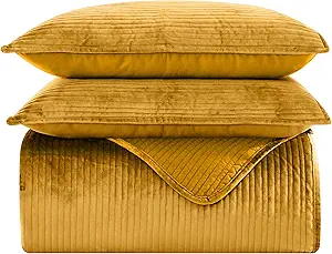 Elegant Comfort Luxury 3-Piece Velvet Corduroy Stripe Quilt Set, Ultra Soft Bedspread - Cozy Velvet Coverlet Set - 3PC Medium Weight Quilted Set with Matching Pillow Shams, King, Gold