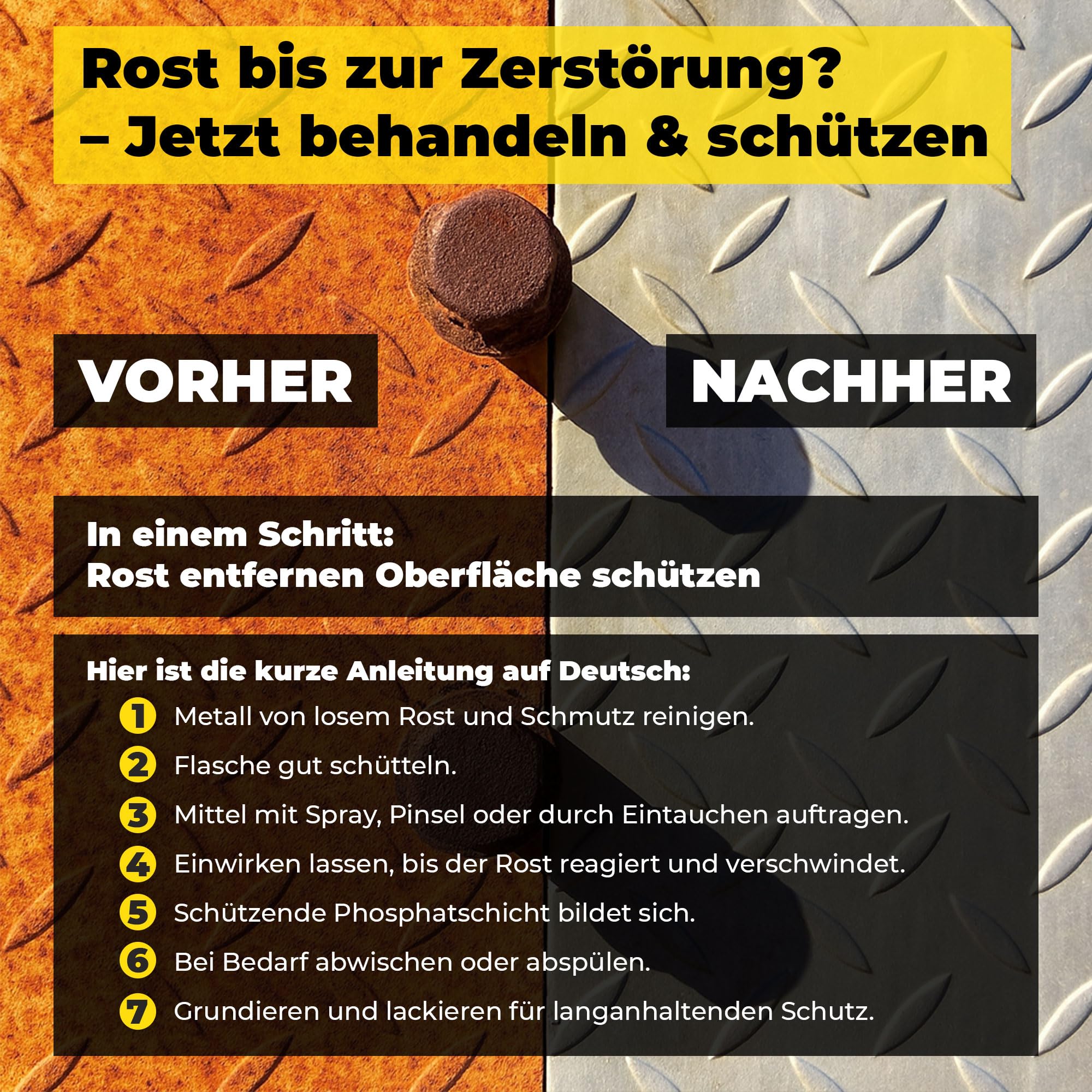 Rostumwandler & Rostentferner Spray 6 x 1L – Für Metall, Stahl & Gusseisen – Rostschutz & Korrosionsschutz mit Phosphat – Auto, Boot, Schiff, Fahrradkette, Werkzeug