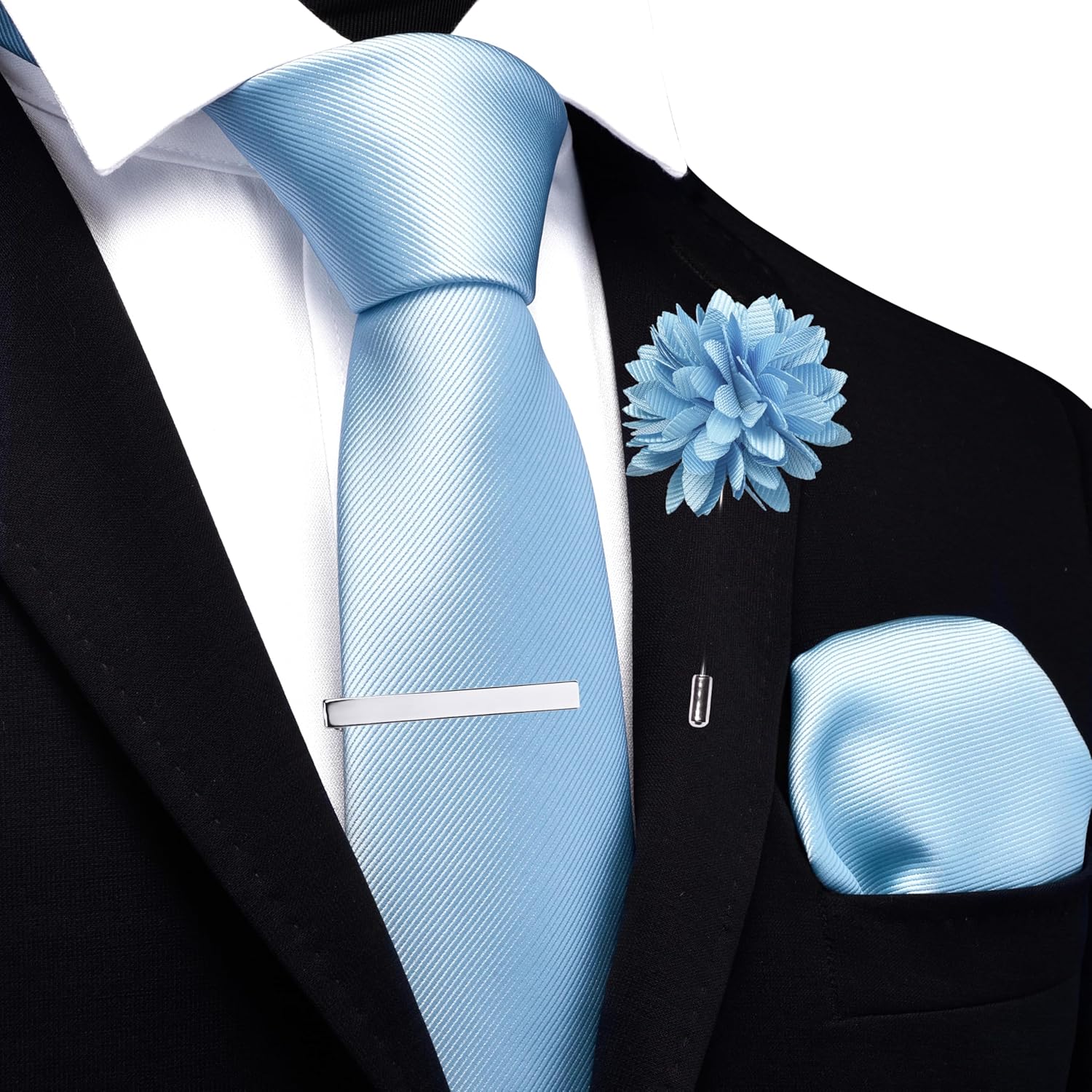 Branduce 3.15"(8cm) Solid Formal Tie and Pocket Square Plain Necktie Lapel Pin and Tie Clip Set for Men - Image 2