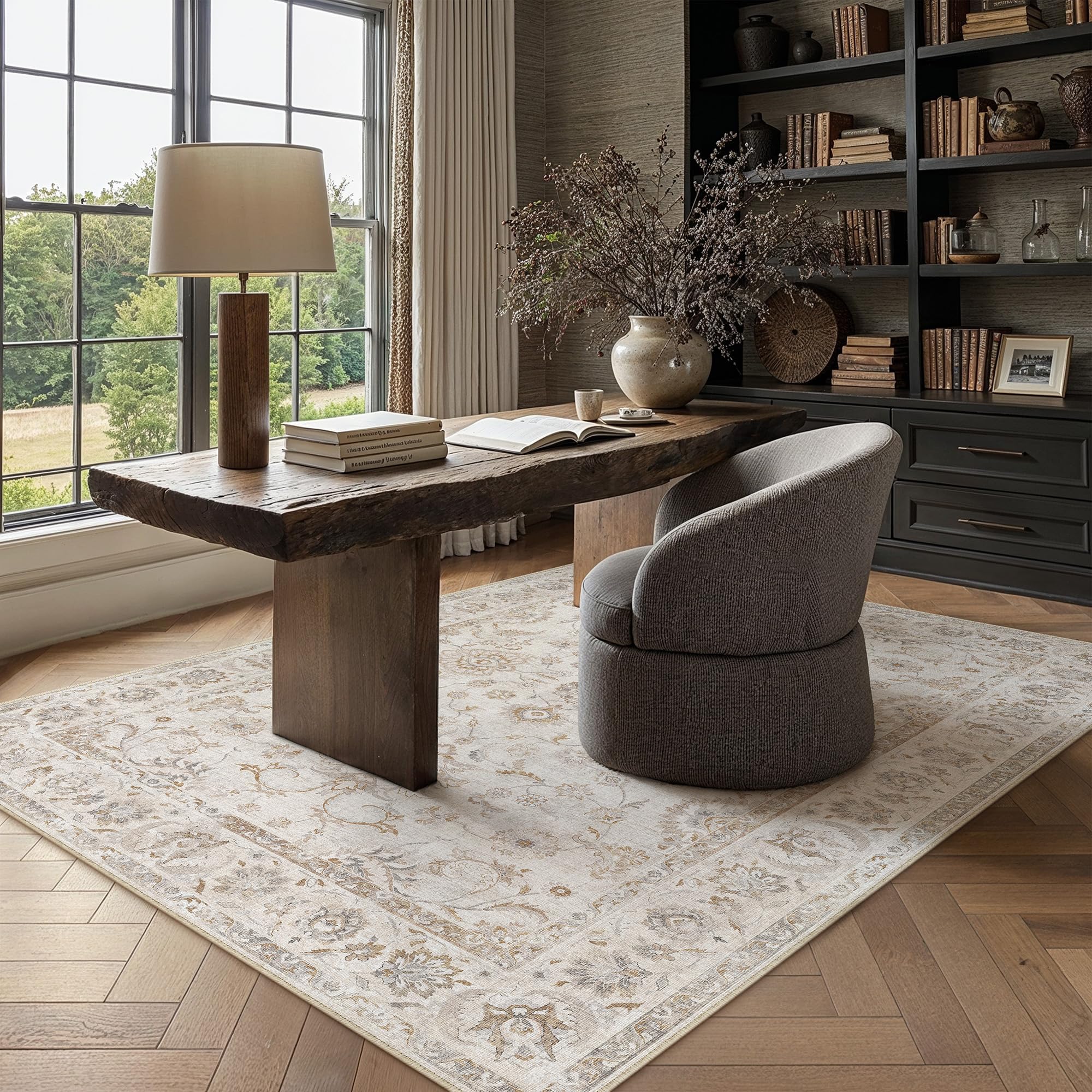 PureCozy Vintage Beige Rugs for Bedroom Living Room 120x170cm Washable Soft Area Rugs with Non Slip Backing, Flower Traditional Printed Low Pile for Kitchen Dining Room Laundry Office — image 1