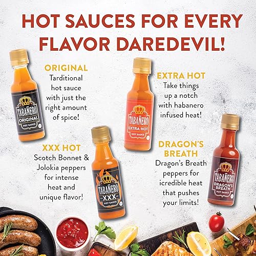 Miniatura 8 de Tabañero Challenge Box, juego de regalo de salsa picante, paquete de 4, original, extra, XXX Hot and Dragon's Breath, mini botellas de vidrio de 1.7