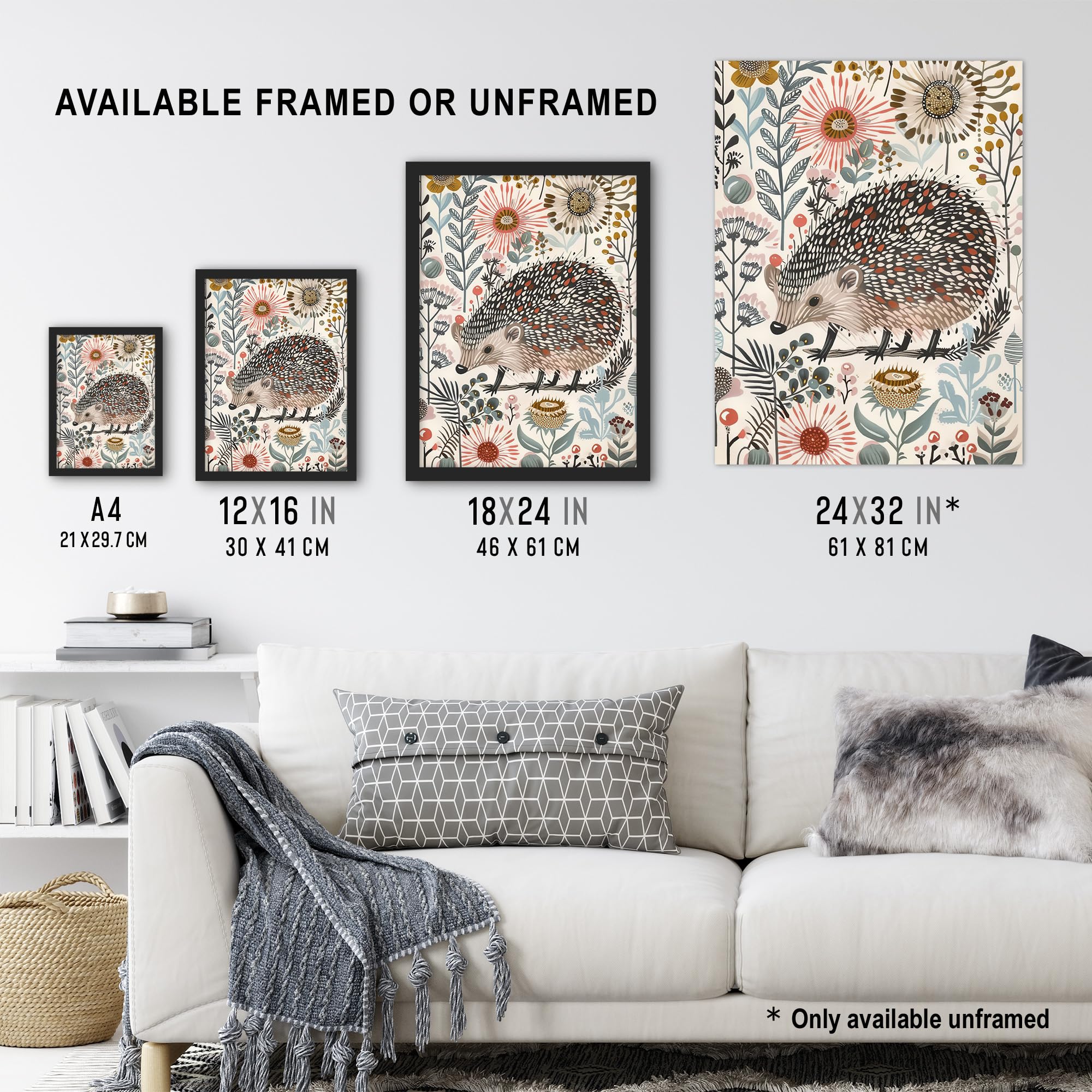 Artery8 Hedgehog Flowers Artwork Rustic Woodland Floral Living Room Extra Large XL Wall Art Poster Print, Unframed 24X32", 81L x 61W cm - Image 3