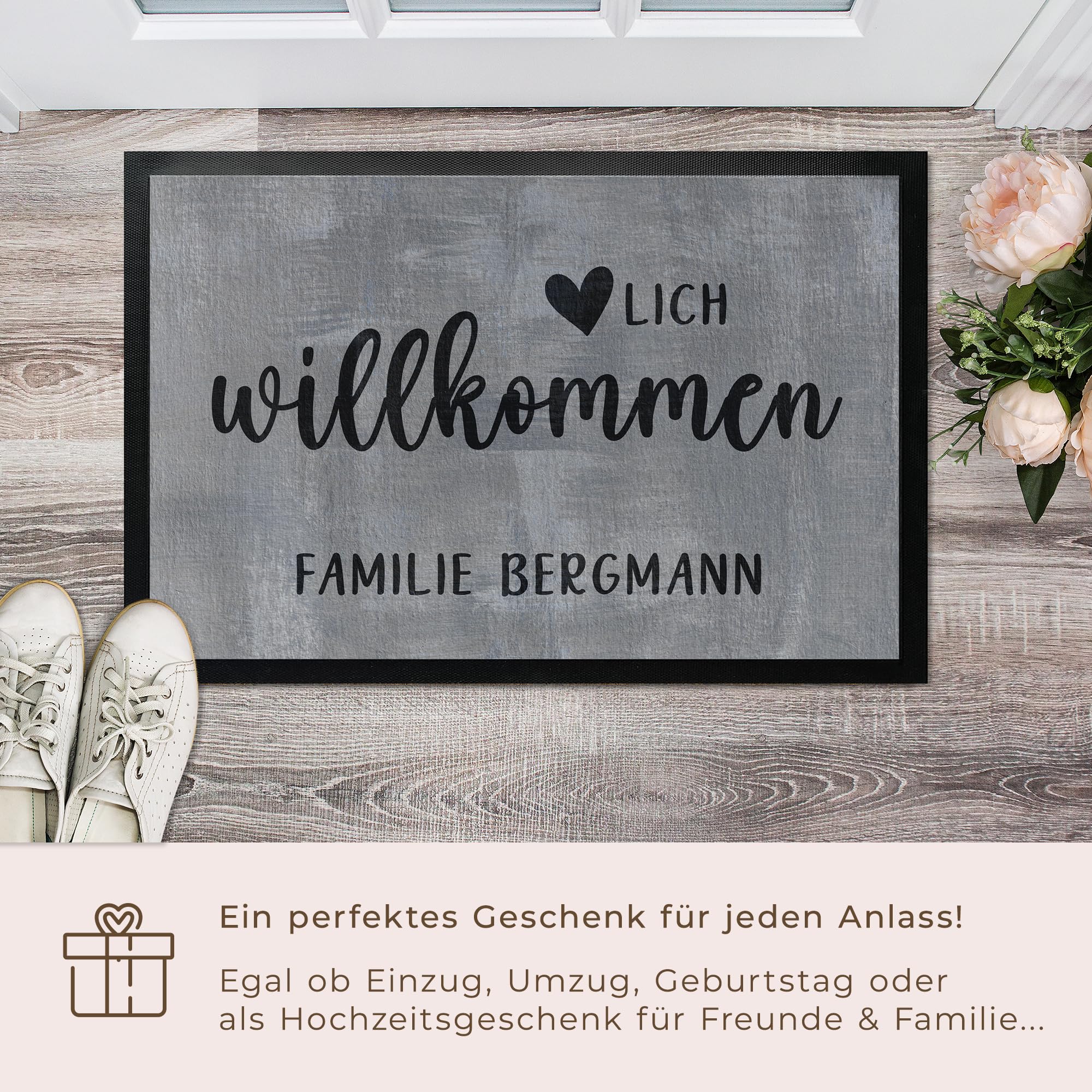 Herzlich Willkommen Fußmatte personalisiert mit Namen Betonoptik bis 120cm | Willkommen Türmatte personalisiert mit Familienname | Geschenk für Hochzeit, Einzug, Verlobung & Einweihung (75x50cm)