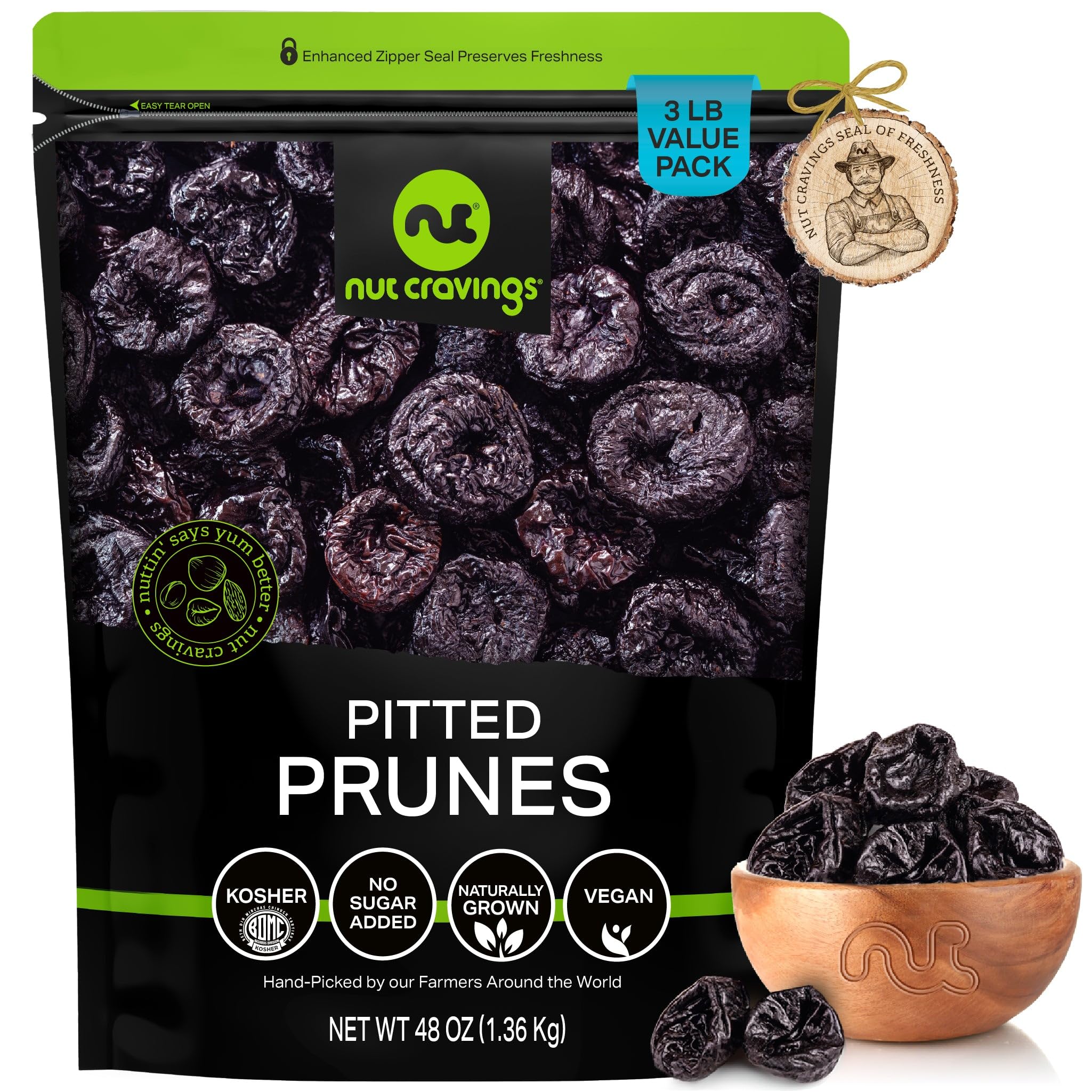 NUT CRAVINGS - Dried Prunes Pitted Unsweetened, Dry Plums No Sugar Added, Unsulphured (48oz, 3 LB) Bulk Dry Fruits Packed Fresh in Resealable Bag - Sweet Healthy Snack, Naturally Grown, Vegan, Kosher