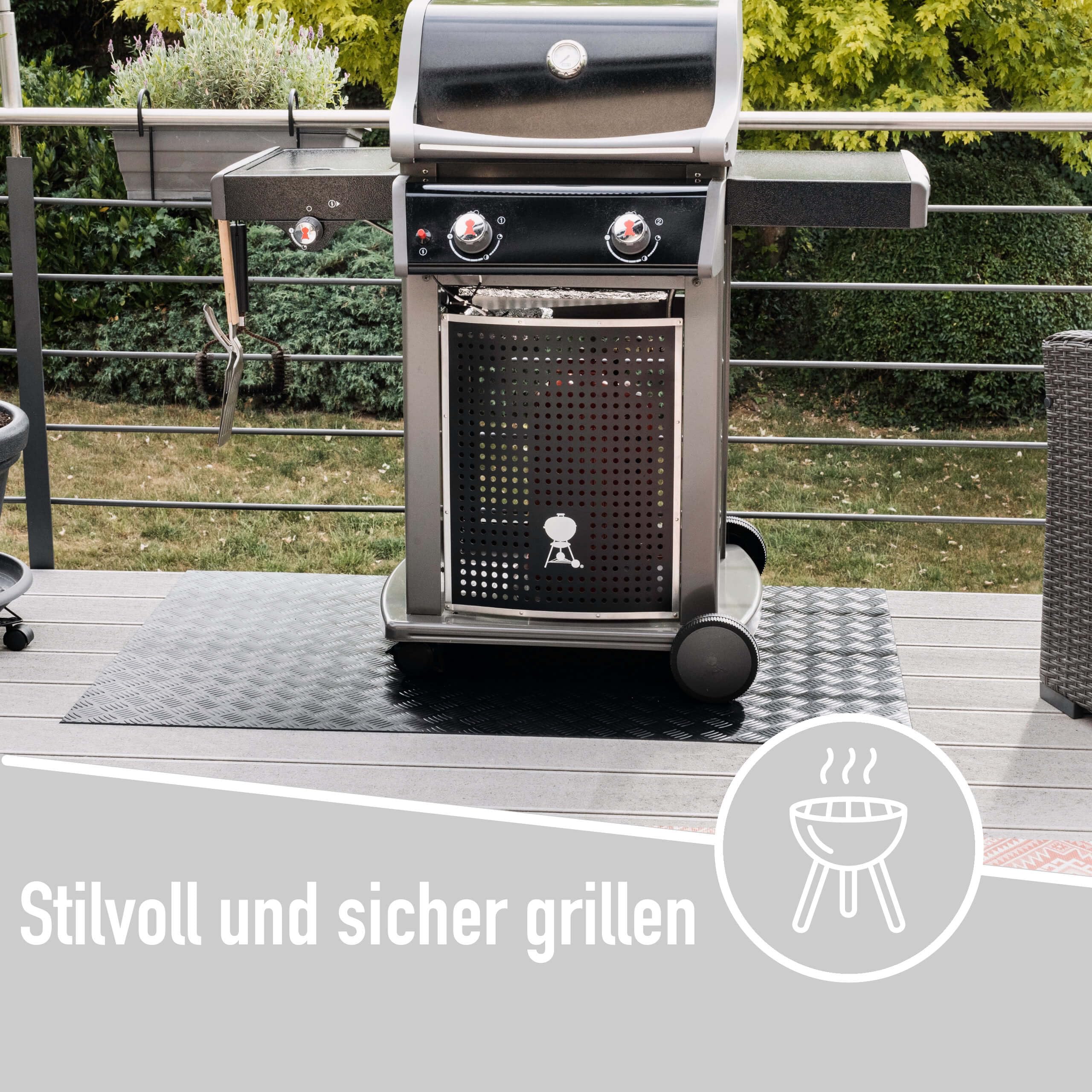 PROFOLIO Tappetino per barbecue nero per tutte le griglie, protezione dal calore e dalle scintille, tappetino ignifugo per barbecue a gas, griglia elettrica e carbonella, 220 x 90 cm, dimensioni a