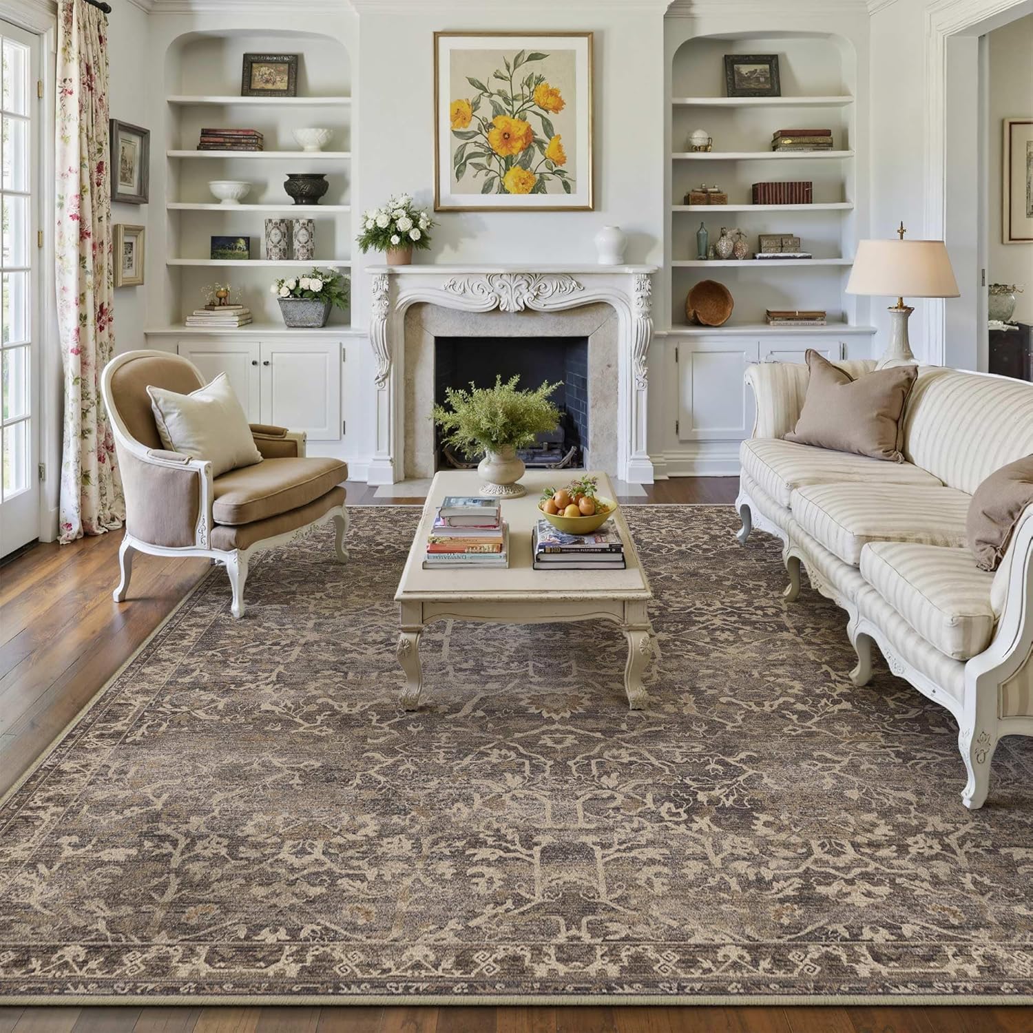 HUGEAR Area Rug 8x10 Retro Brown Machine Washable Living Room Rugs Distressed Vintage Floral Vacuumable Low Pile Carpet Bedroom Office Dining Room Laundry Room Non Slip Soft Lightweight