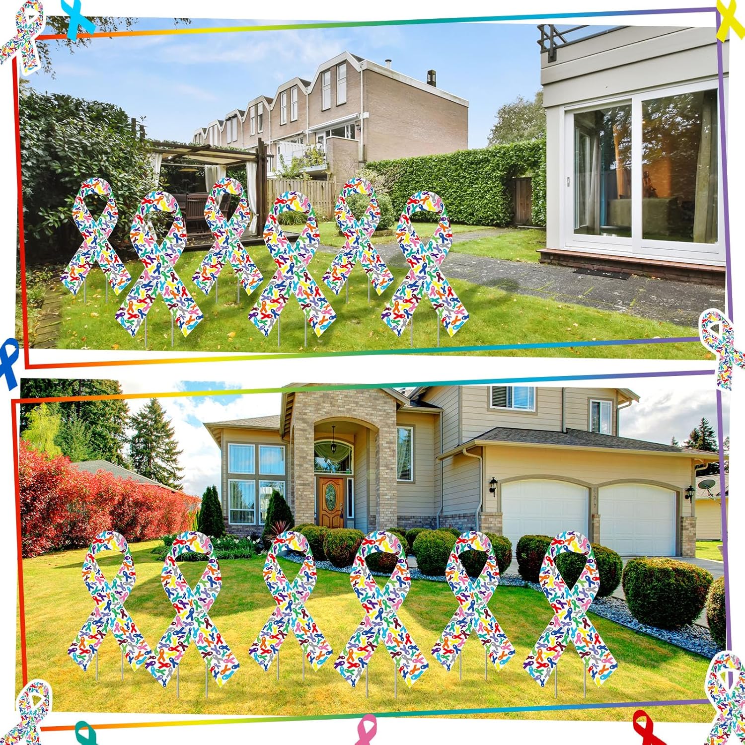 Drydiet 6 Pcs Cancer Awareness Yard Signs with Metal Stakes 14" Colorful Ribbon Health Lawn Stakes All Cancer Waterproof Patio Sign for Outdoor Garden Church(Multi Colored Ribbon)