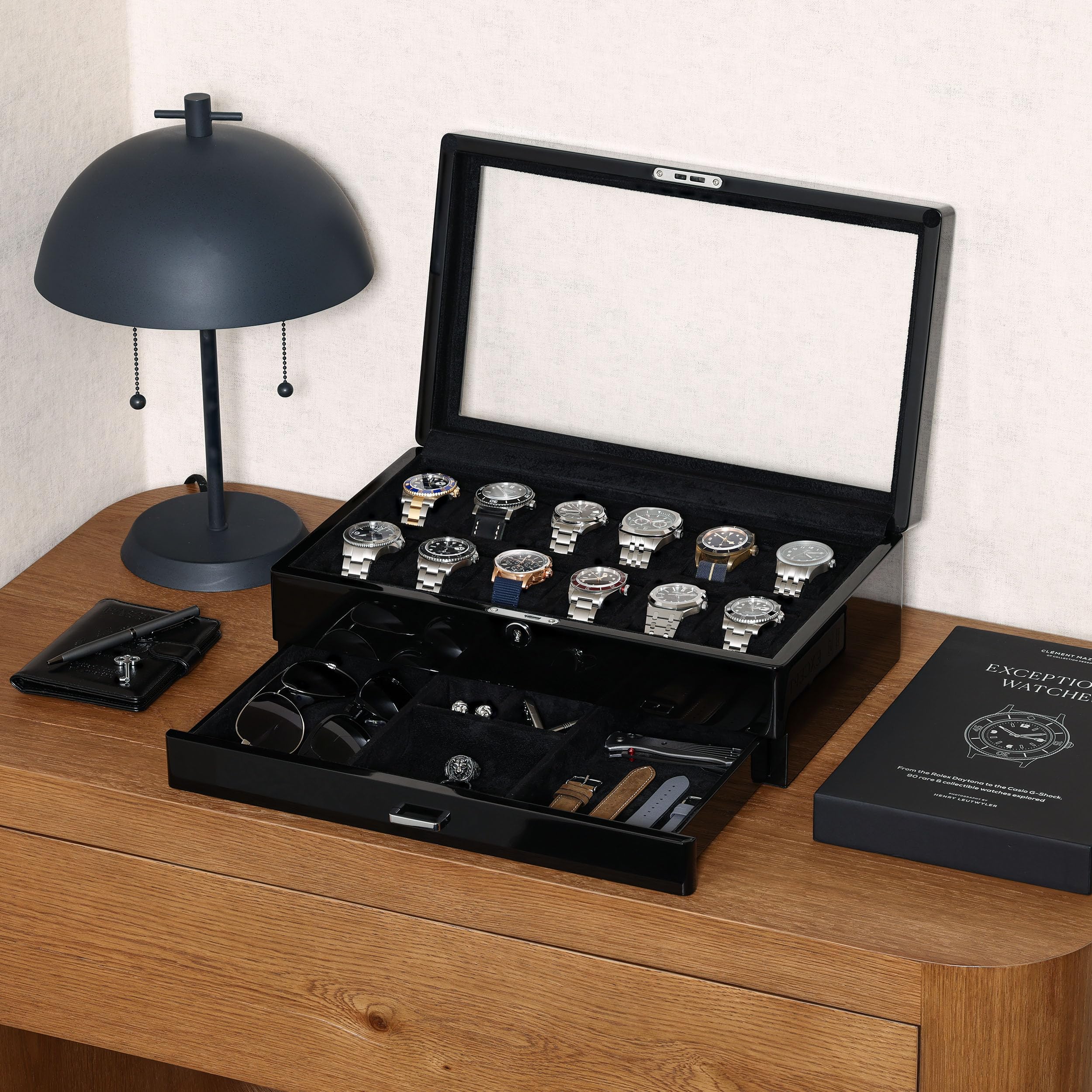 ROTHWELL Uhrenbox mit 12 Fächern, Klavierschublade, Premium-Schmuck-Vitrine, Organizer mit verschließbarer Glasplatte und Mikrovelours-Auskleidung für Damen und Herren (schwarze Innenseite)
