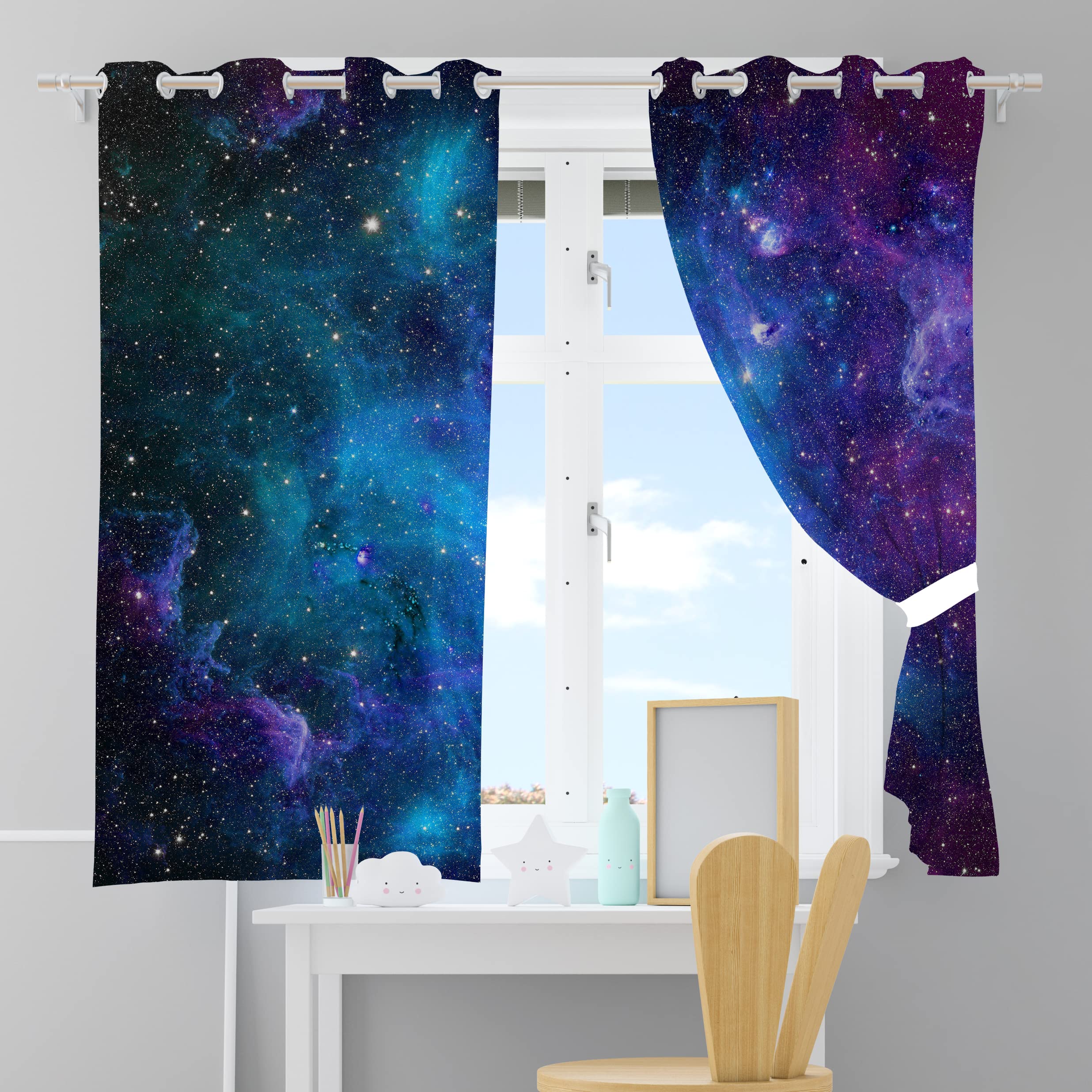 YUANZU Galaxy Gordijnen voor kinderslaapkamer, ruimte nevel sterrenhemel sterren 3D-patroon microfiber verduisterende stof oogjes venster gordijnen voor kinderen kinderkamer speelkamer B 117 cm (46