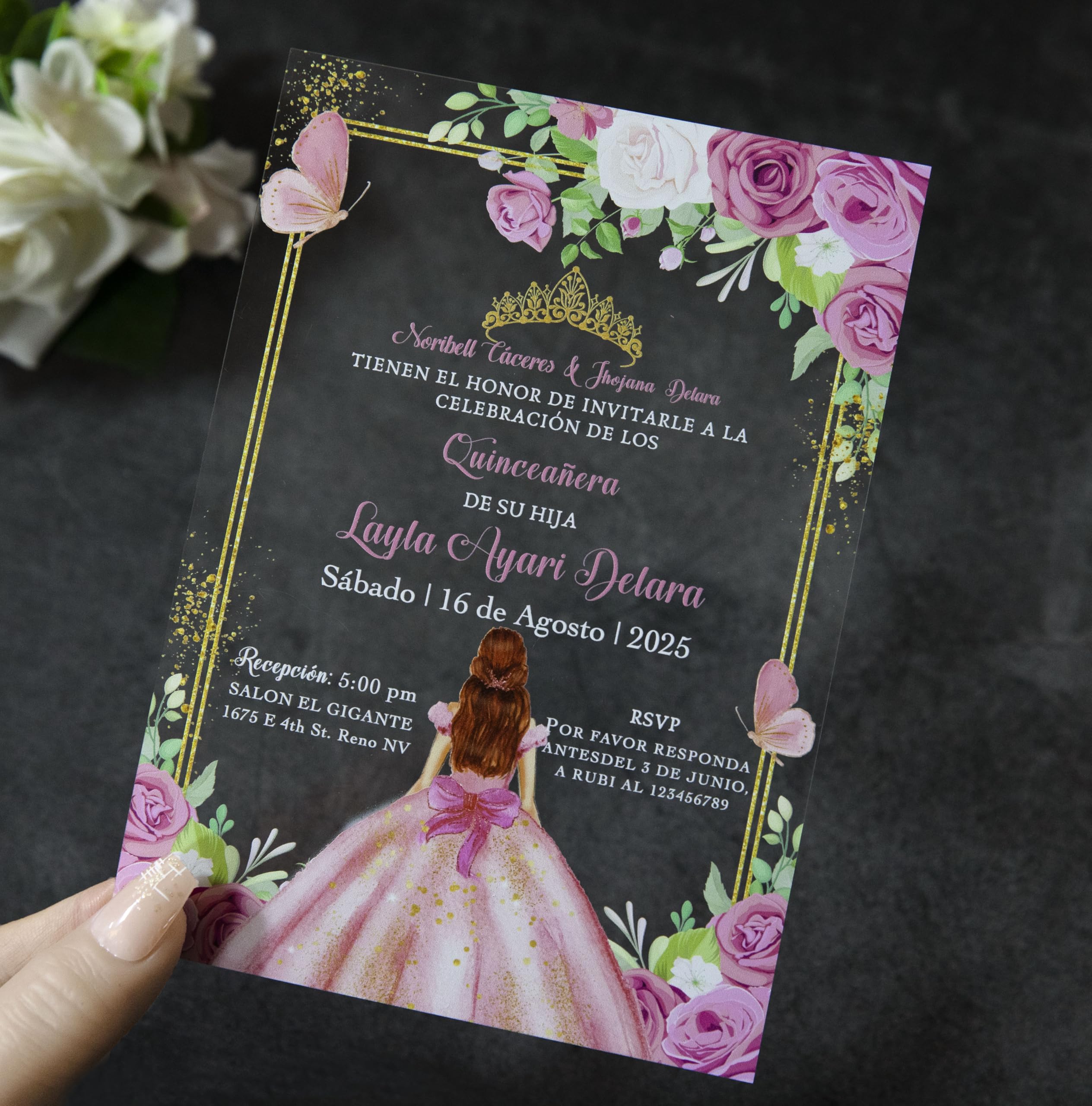 FEIYI 20 PCS Butterfly Personalized Clear Acrylic Quinceanera Invitation, Customized XV Anos, 15 Anos 5x7 Invitation Cards with Envelopes, Pricess