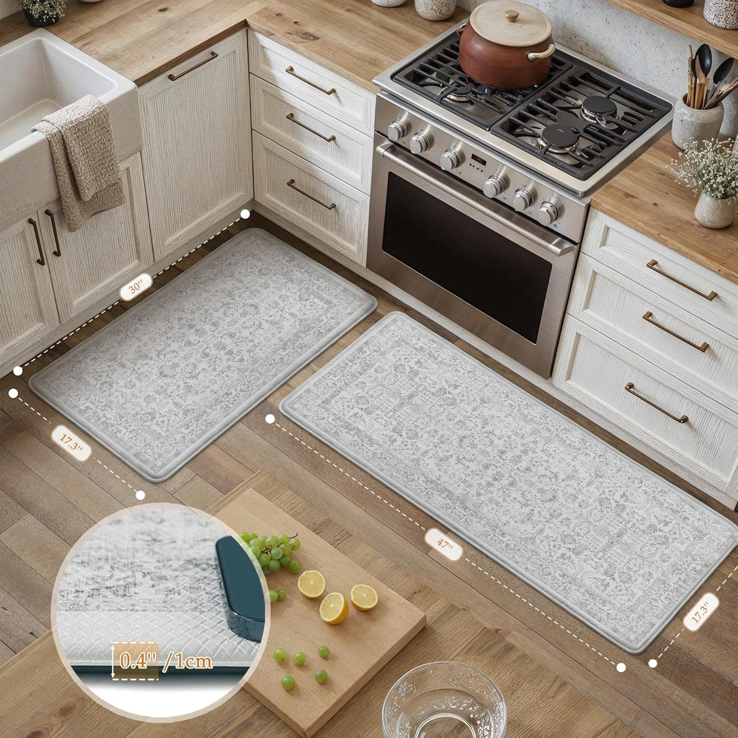 PureCozy Kitchen Mats 2PCS Anti Fatigue Cushioned Mat Gray Vintage Kitchen Mats for Floor Waterproof Non Slip Comfort Standing Grey Retro Floral Rug for Sink Laundry Office 17.3"x47"+17.3"x30"