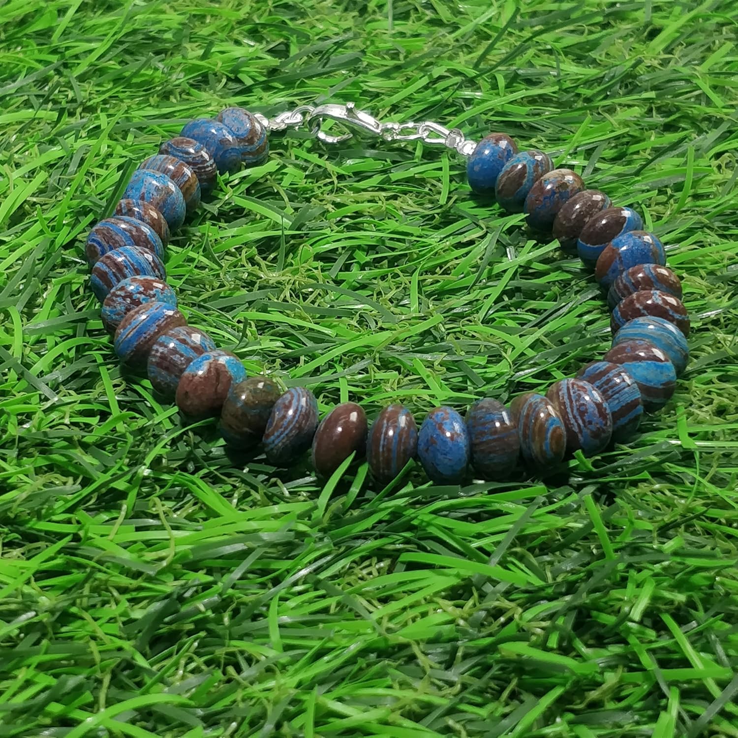 Natural blue zebra jasper gemstone 8x5-9x5 mm stacking bracelet | 7 inch | blue color, rondelle shape, smooth cut, stone | with silver plated clasp | handmade jewellry |WW_ESK_00159