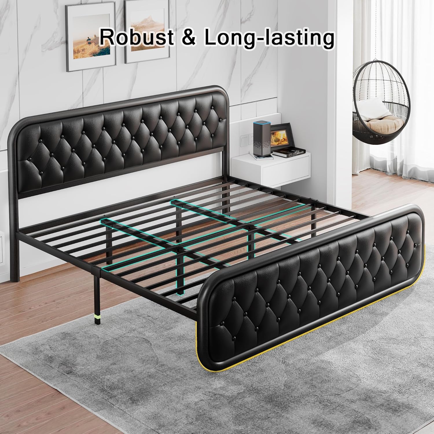 King Size Bed Frame, Upholstered Bed with Button Tufted Leather Headboard and Footboard, Metal U-Shape Support Foundation, No Box Spring Required, Black