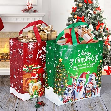 12 Pack Large Christmas Tote Bags, Reusable Christmas Bags for Presents, 8 Large 14, 4 Medium 10 Waterproof Non-Woven Bag for Gifts Wrapping Shopping, Xmas Party Supplies