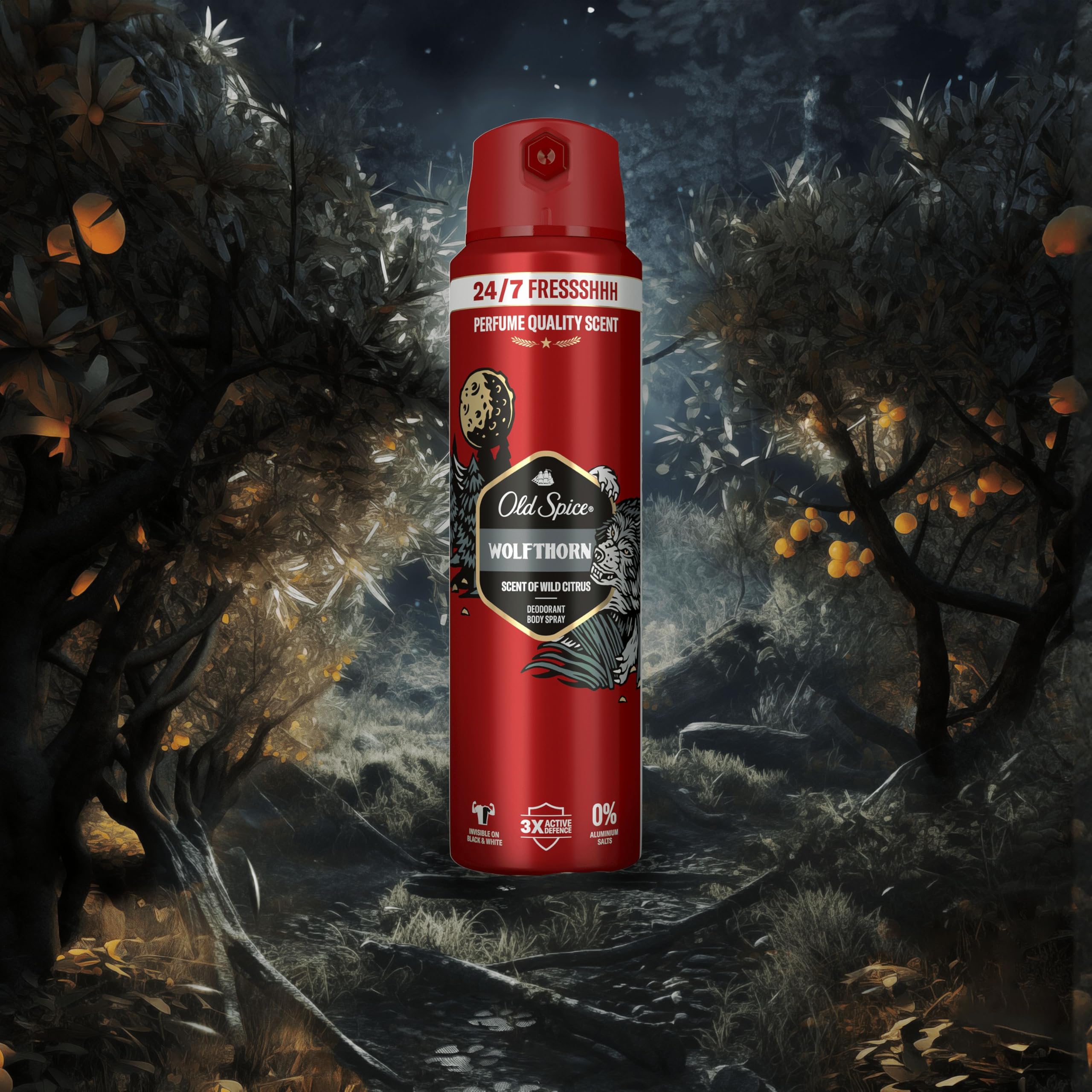 Old Spice Wolfthorn Dezodorant w sprayu dla mężczyzn 150ml, świeżość 24/7 przy codziennym stosowaniu, niewidoczny na czarno-białych ubraniach
