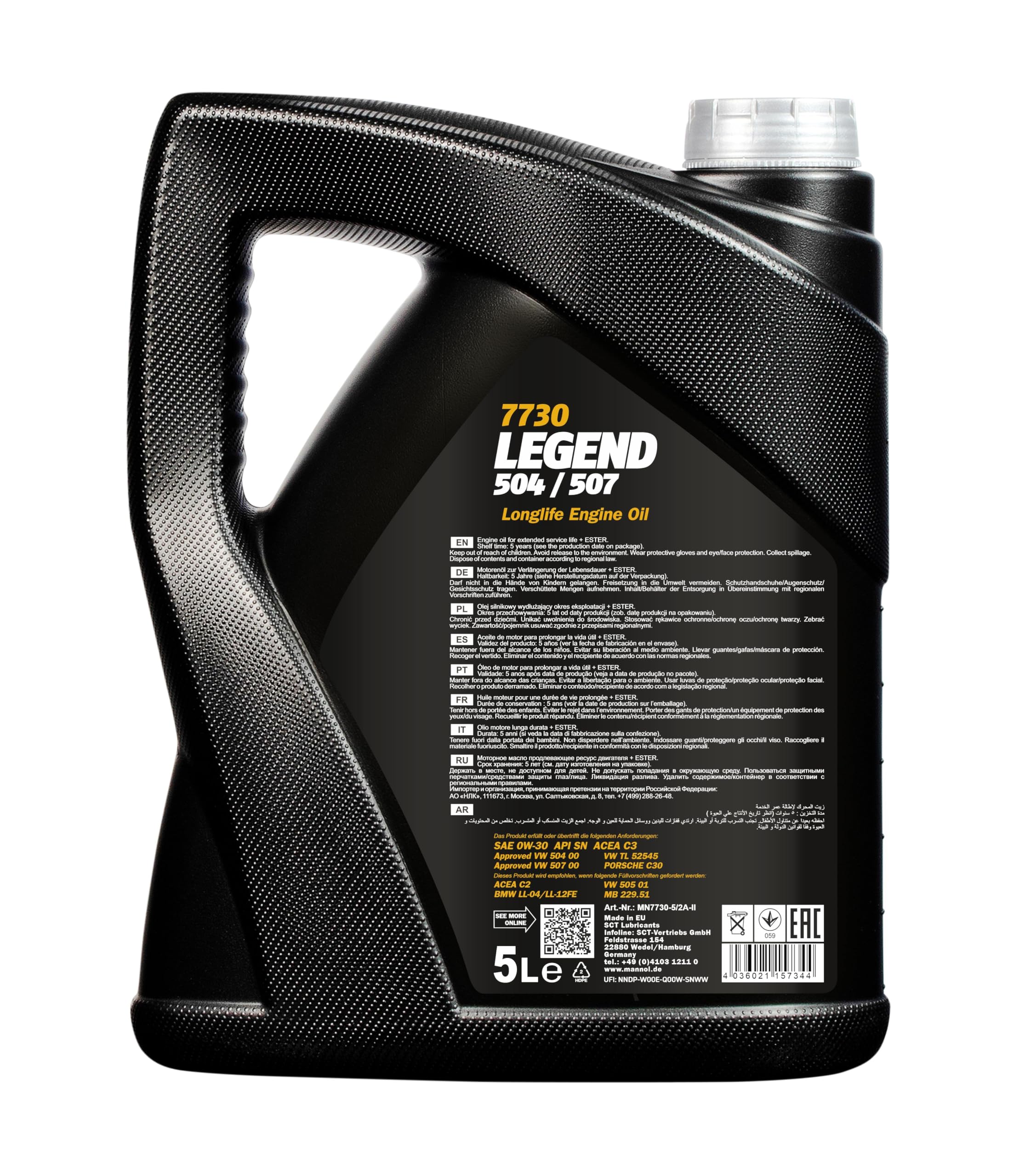 MANNOL Huile moteur Legend 0W-30 Huile entièrement synthétique ACEA C3 504/507 5 L Compatible avec VW Golf 7 3/5 portes 5G1, BQ1, BE1, BE2 Golf 4 3/5 portes 1J1 Golf 5 3/5 portes 1K1, BMW
