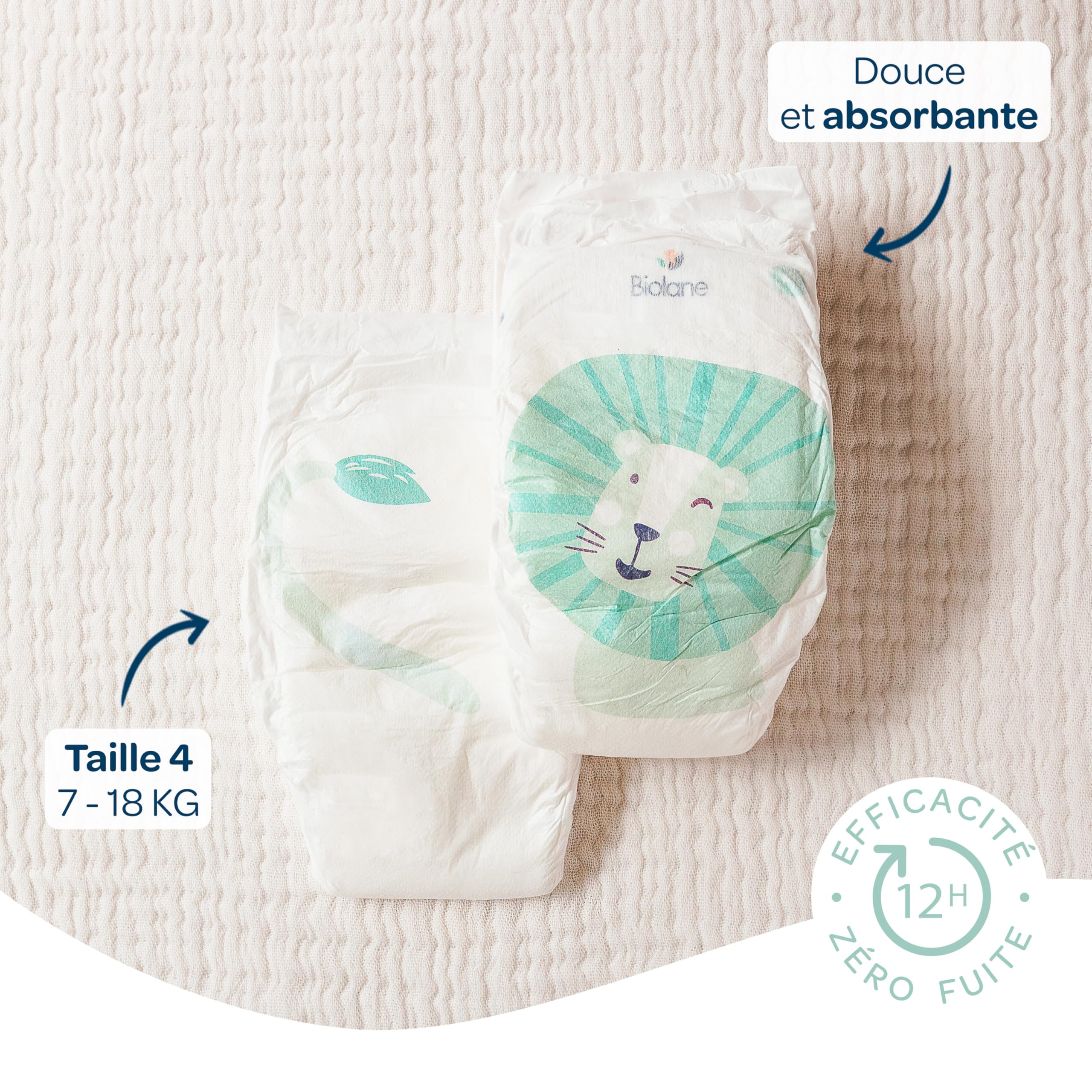 BIOLANE - Couches bébé taille 4 - (7-18 kg) - Peaux Sensibles - Ultra-Absorbant, Pas de Fuite, jusqu'à 12h au Sec - Confort & Protection - Pack 1 mois 144 couches - Fabriqué en France - 3